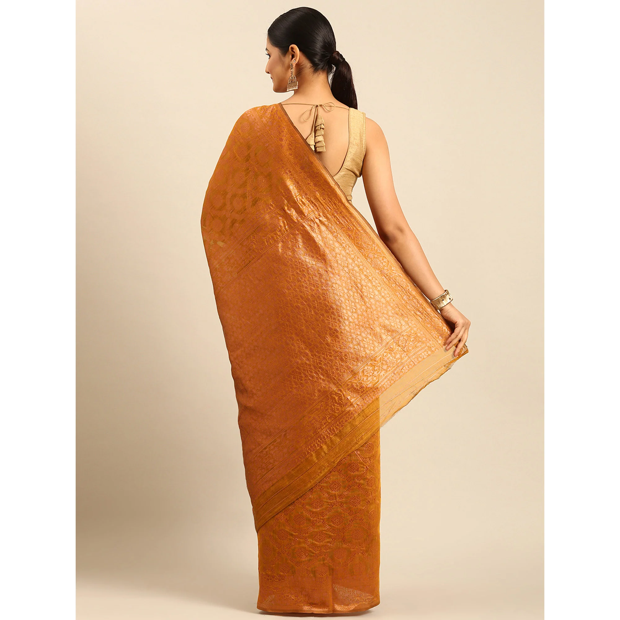 Mustard Floral Woven Cotton Silk Saree - Image 5