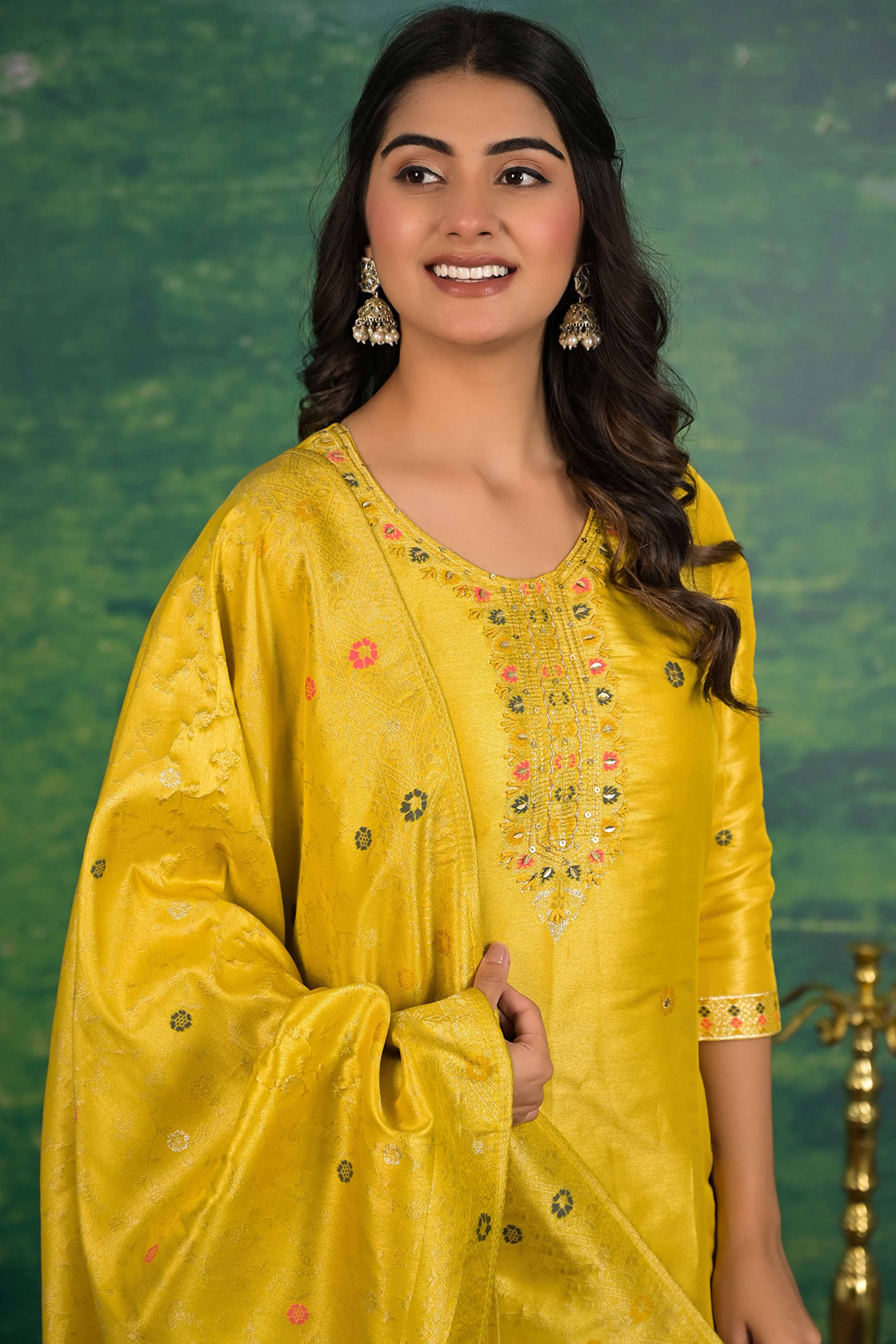 Mustard Floral Woven Dola Silk Salwar Suit - Image 2