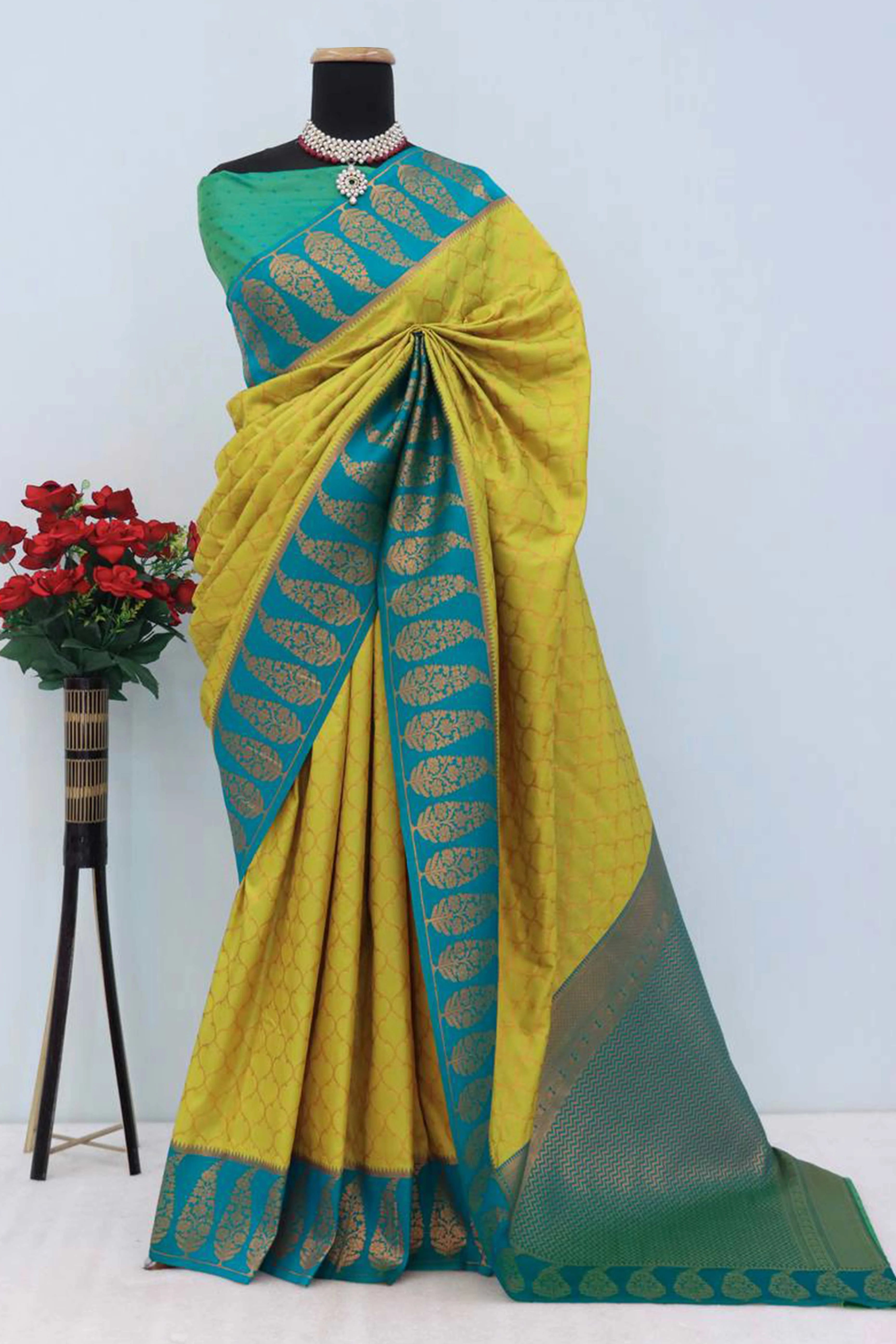 Mustard Floral Woven Kanjivaram Silk Saree