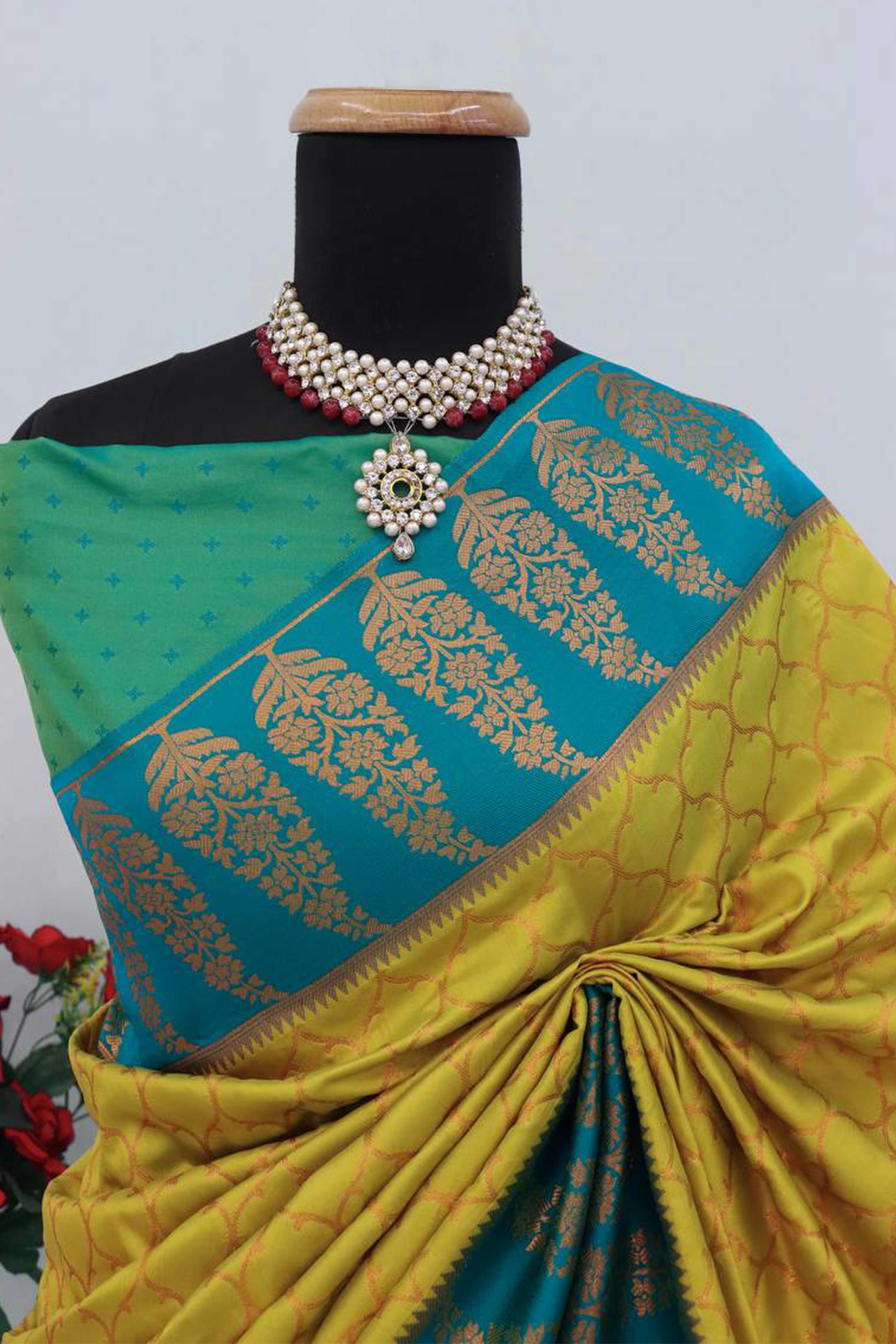Mustard Floral Woven Kanjivaram Silk Saree - Image 3