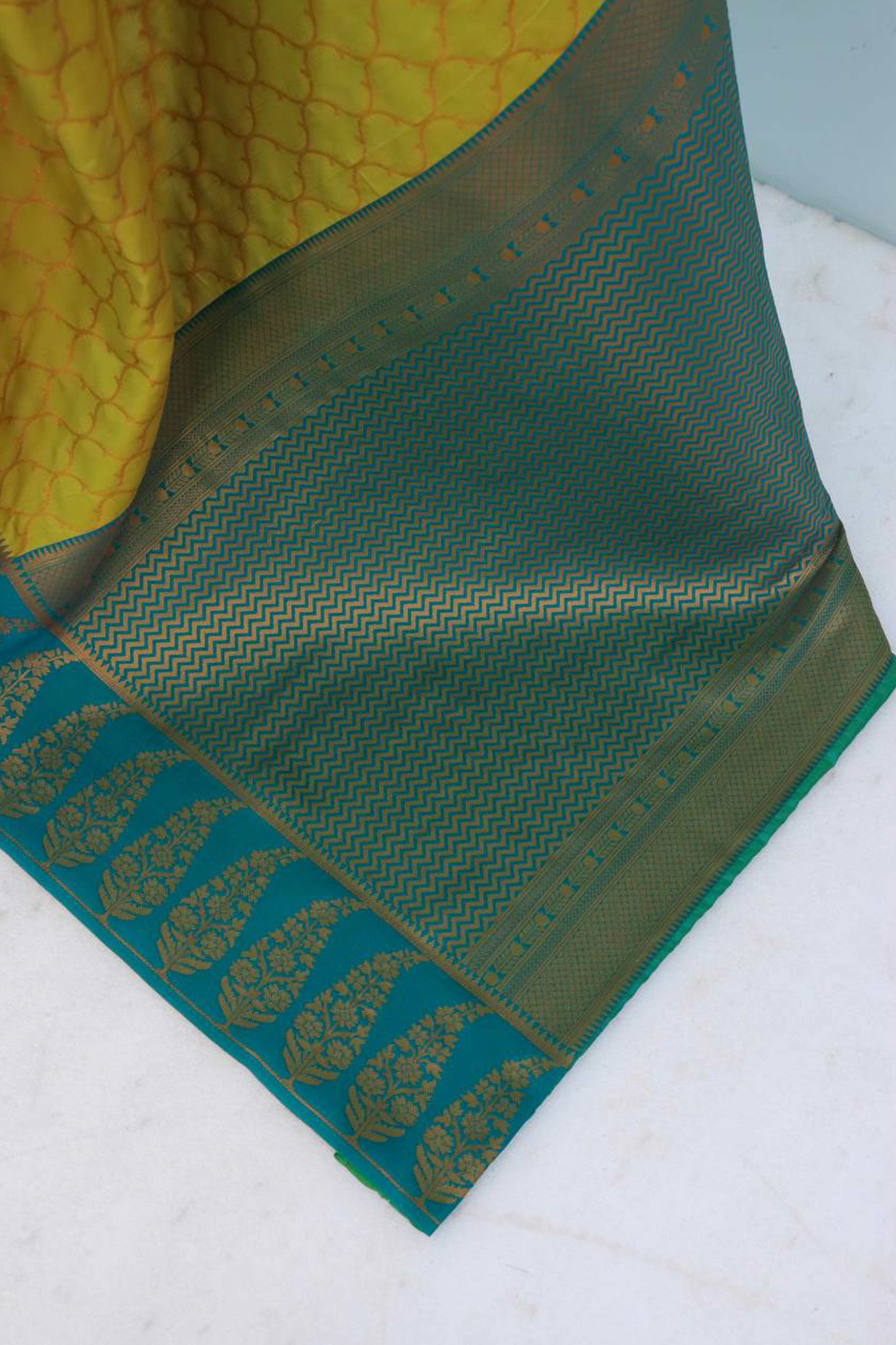 Mustard Floral Woven Kanjivaram Silk Saree - Image 4