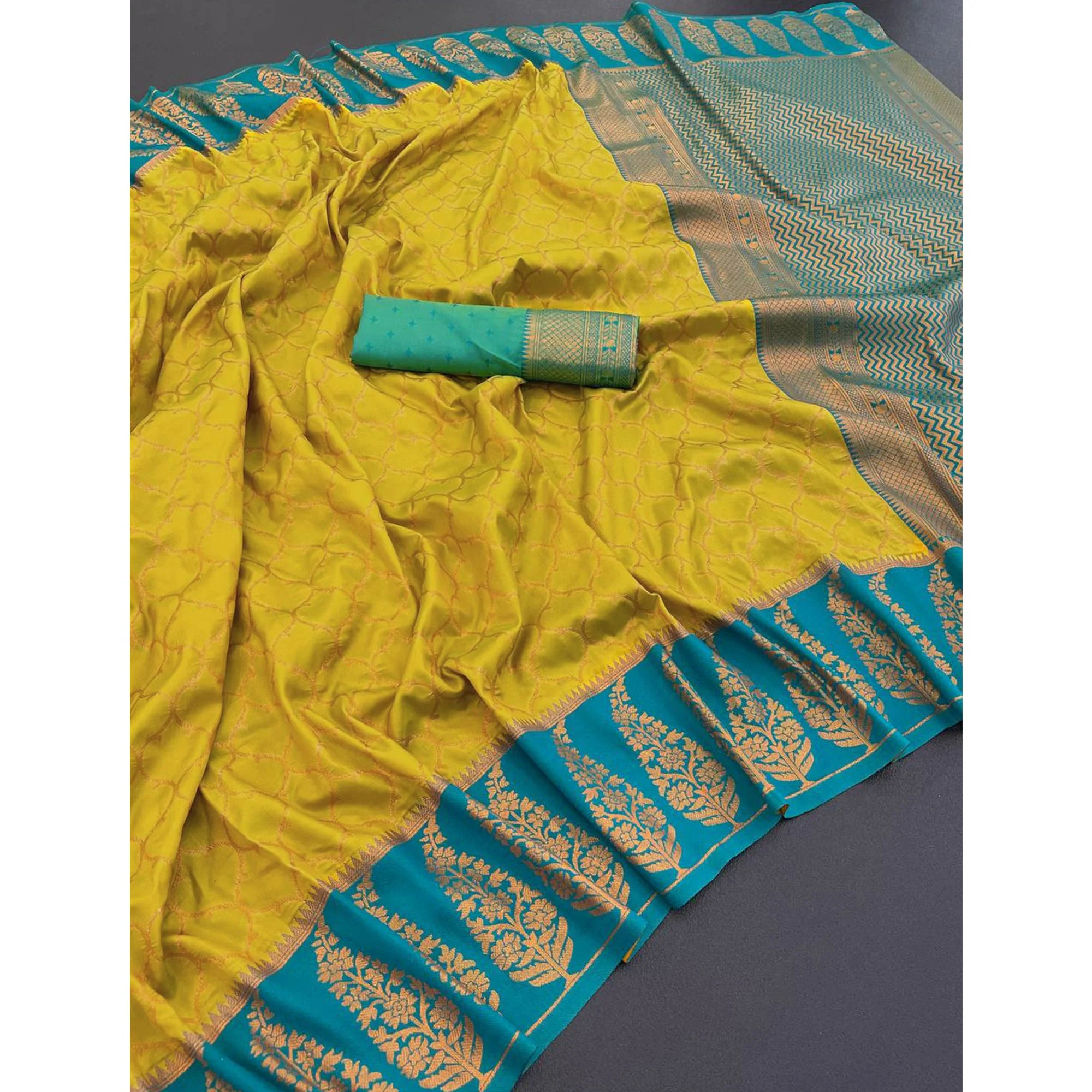 Mustard Floral Woven Kanjivaram Silk Saree - Image 5