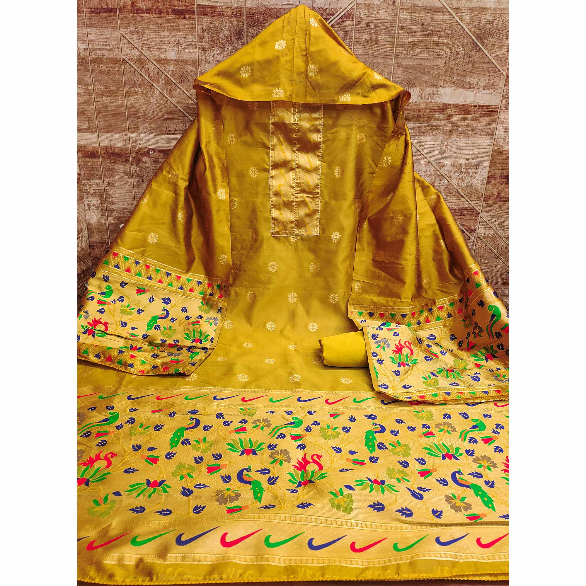 Mustard Floral Woven Paithani Banarasi Silk Dress Material - Image 3