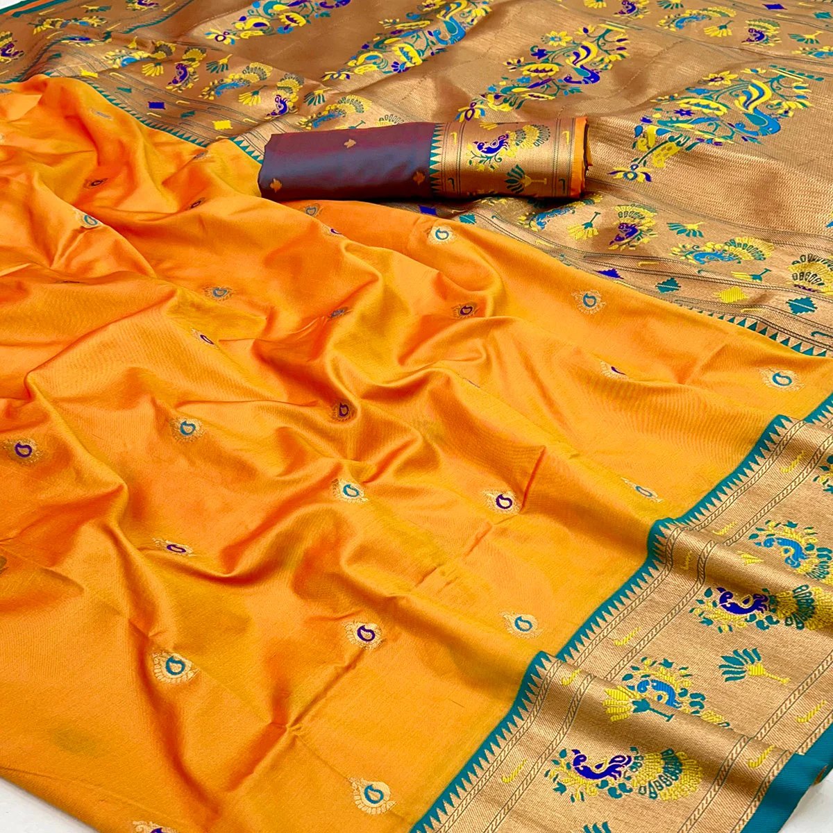 Mustard Floral Woven Pure Silk Paithani Saree - Image 2