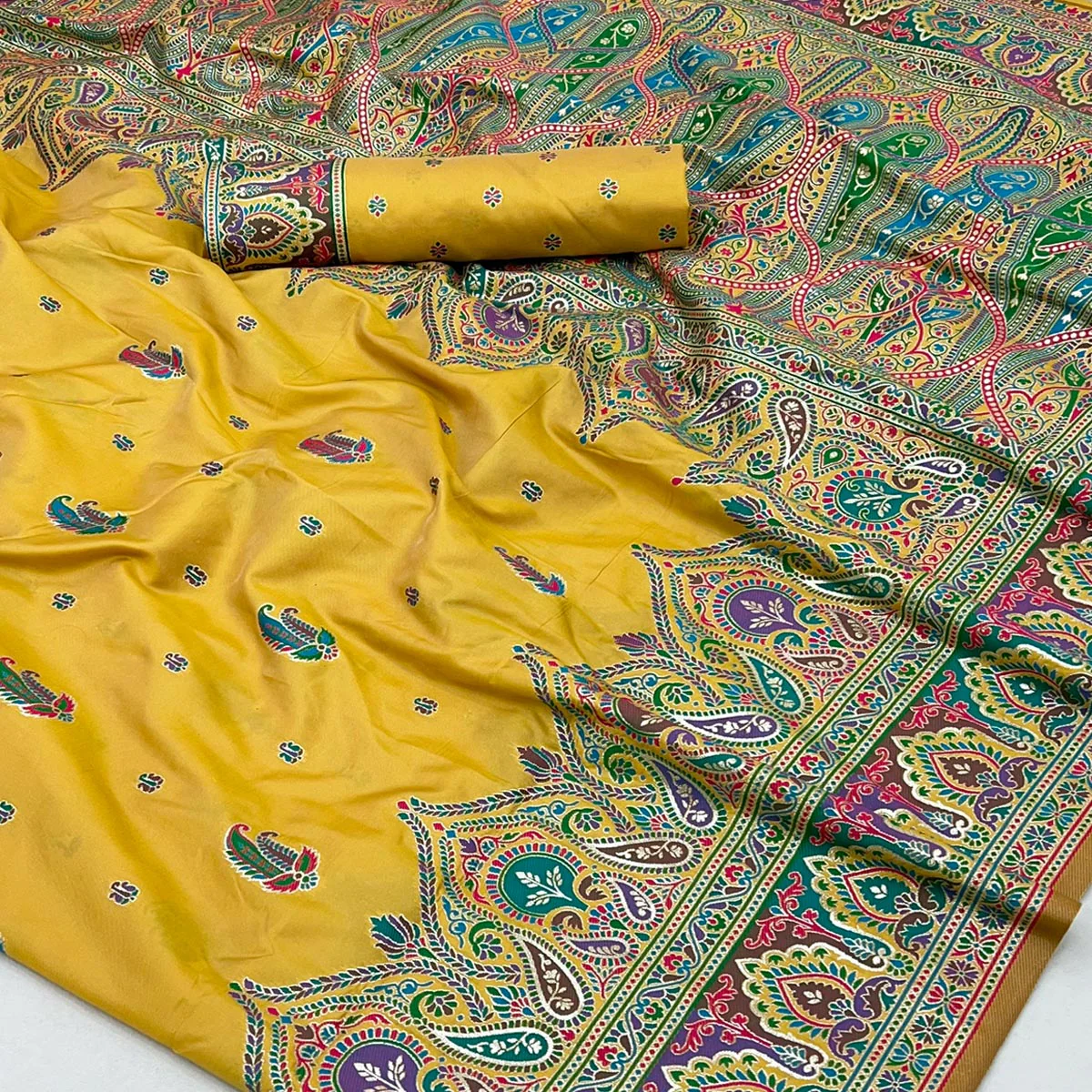 Mustard Floral Woven Pure Silk Pashmina Saree - Image 2