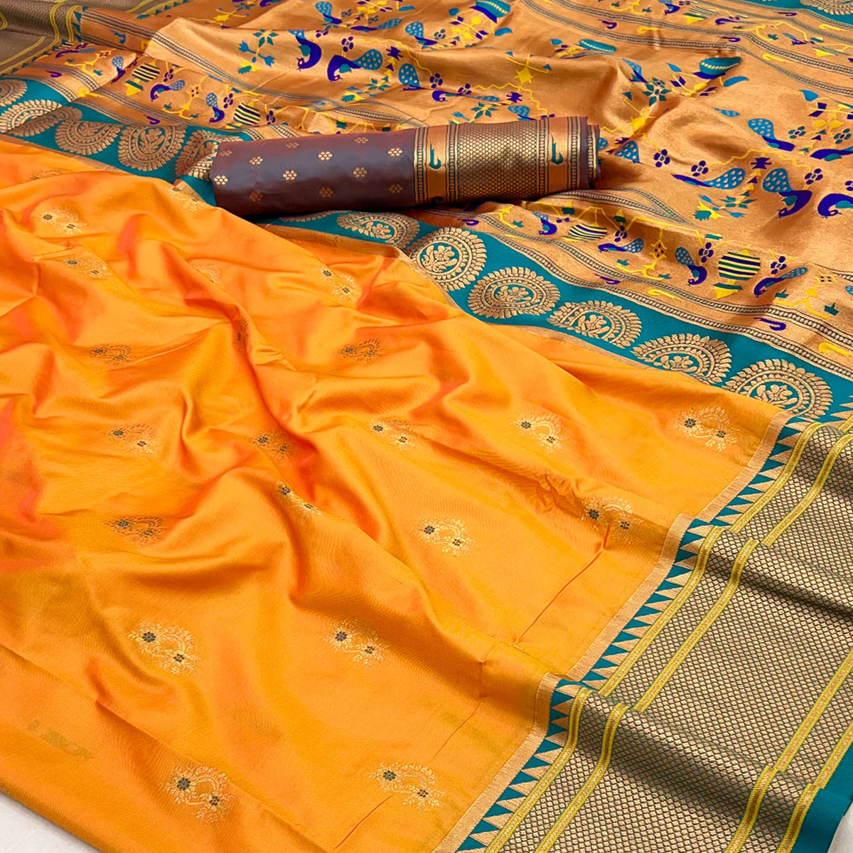 Mustard Floral Woven Pure Silk Saree - Image 2