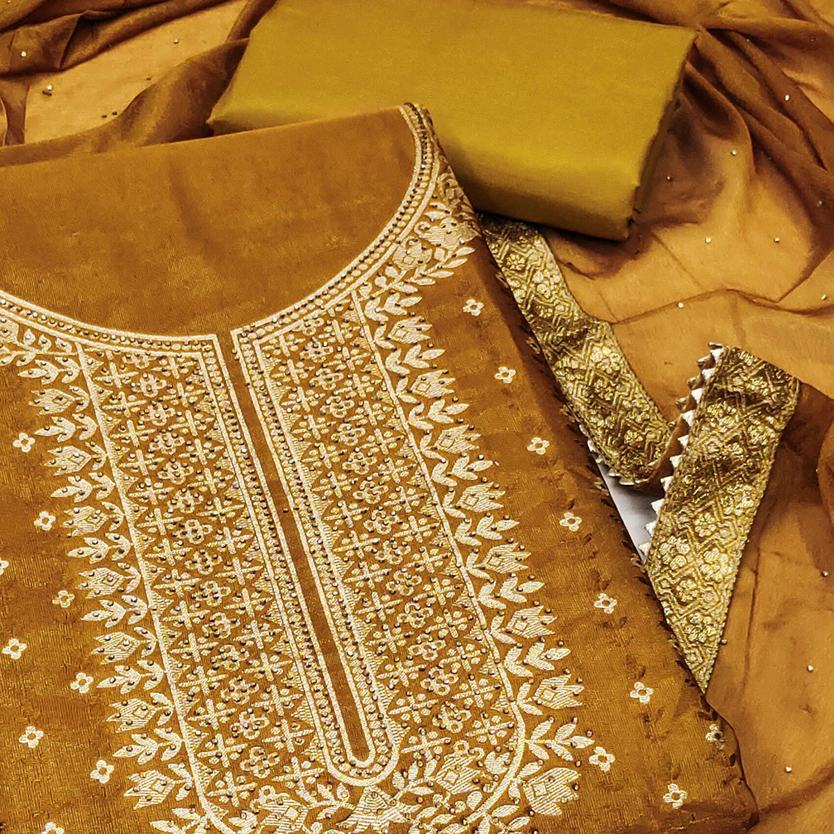 Mustard Floral Woven With Stonework Jacquard Dress Material - Image 2