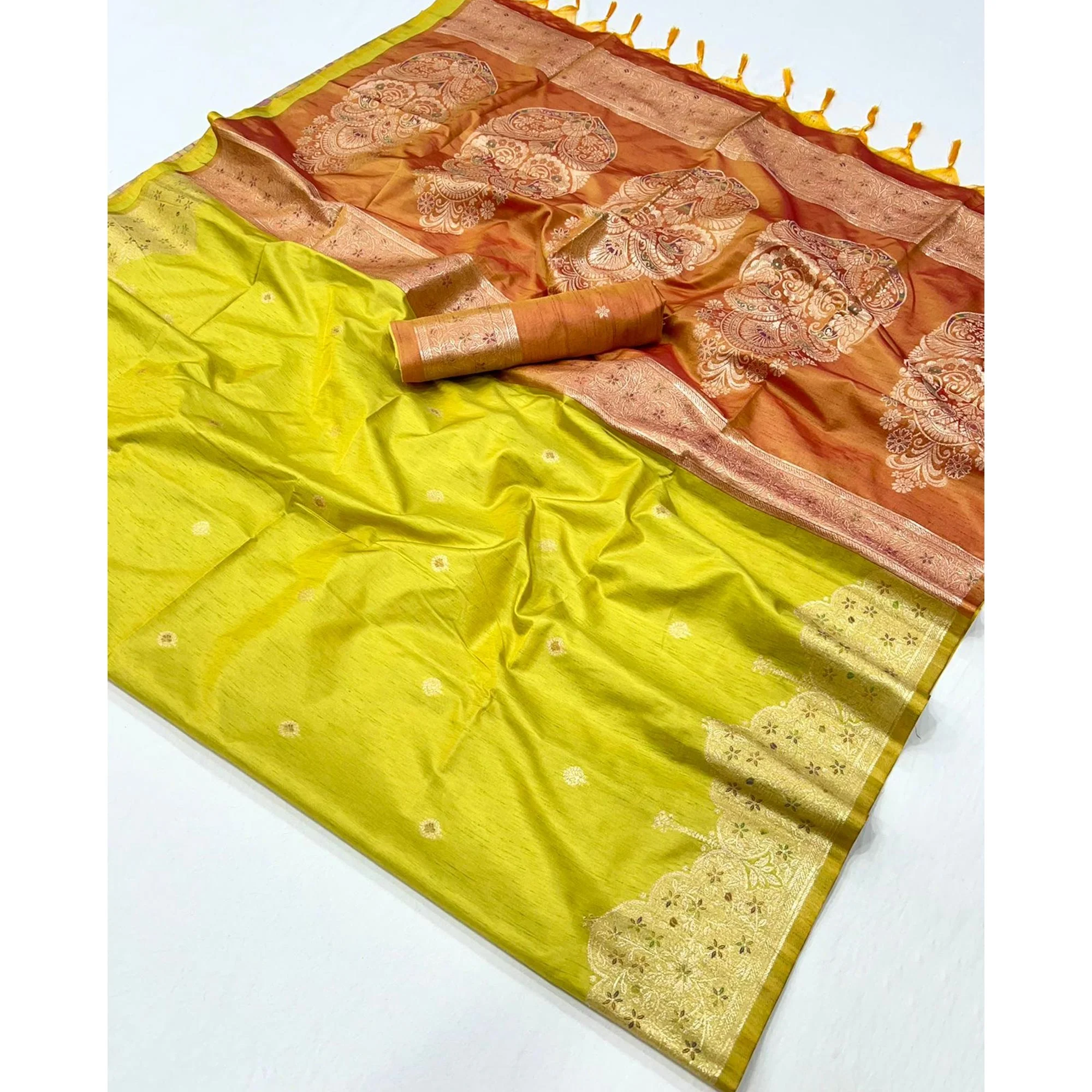 Mustard Floral Zari Woven Tussar Silk Saree - Image 4