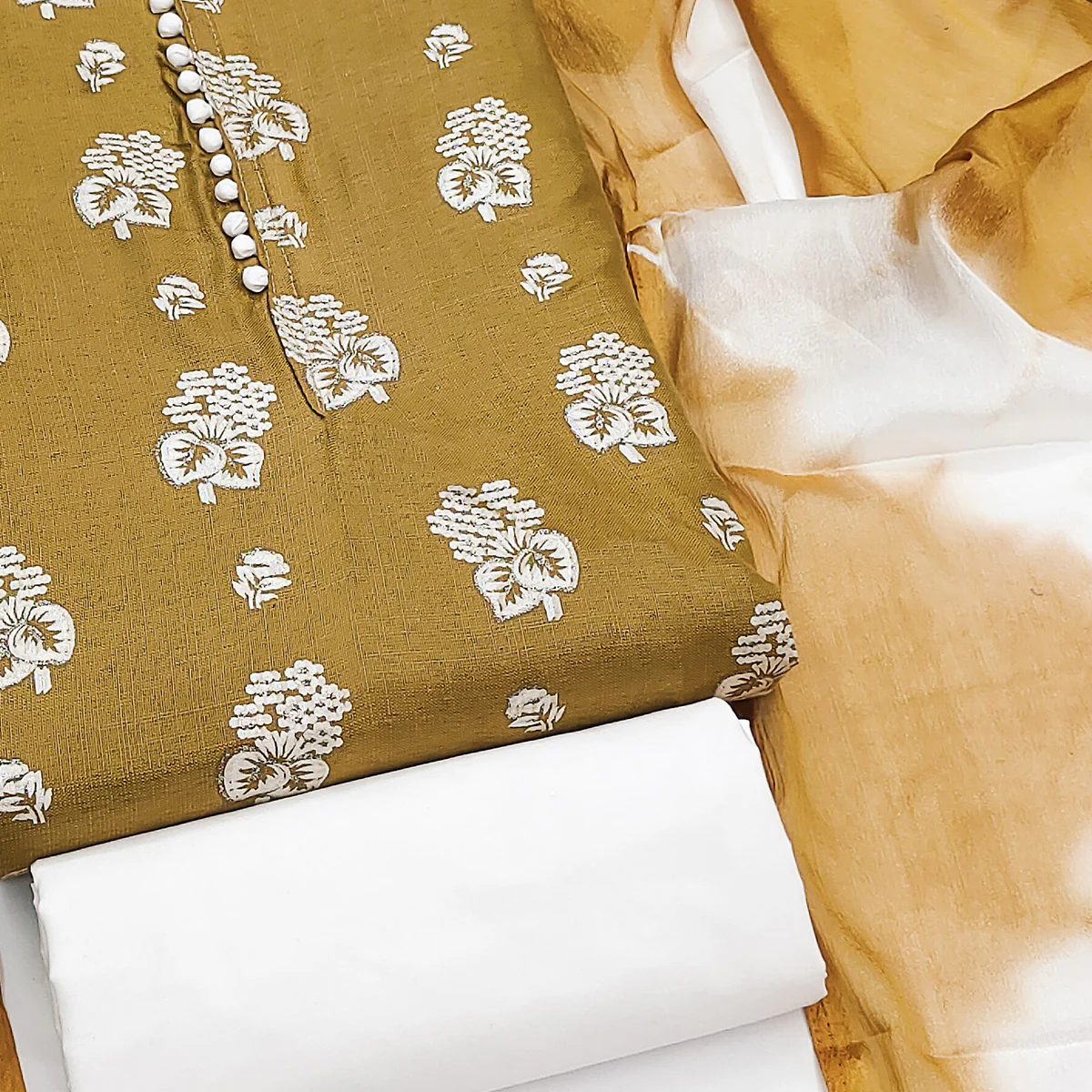 Mustard Foil Floral Printed Cotton Blend Dress Material - Image 2