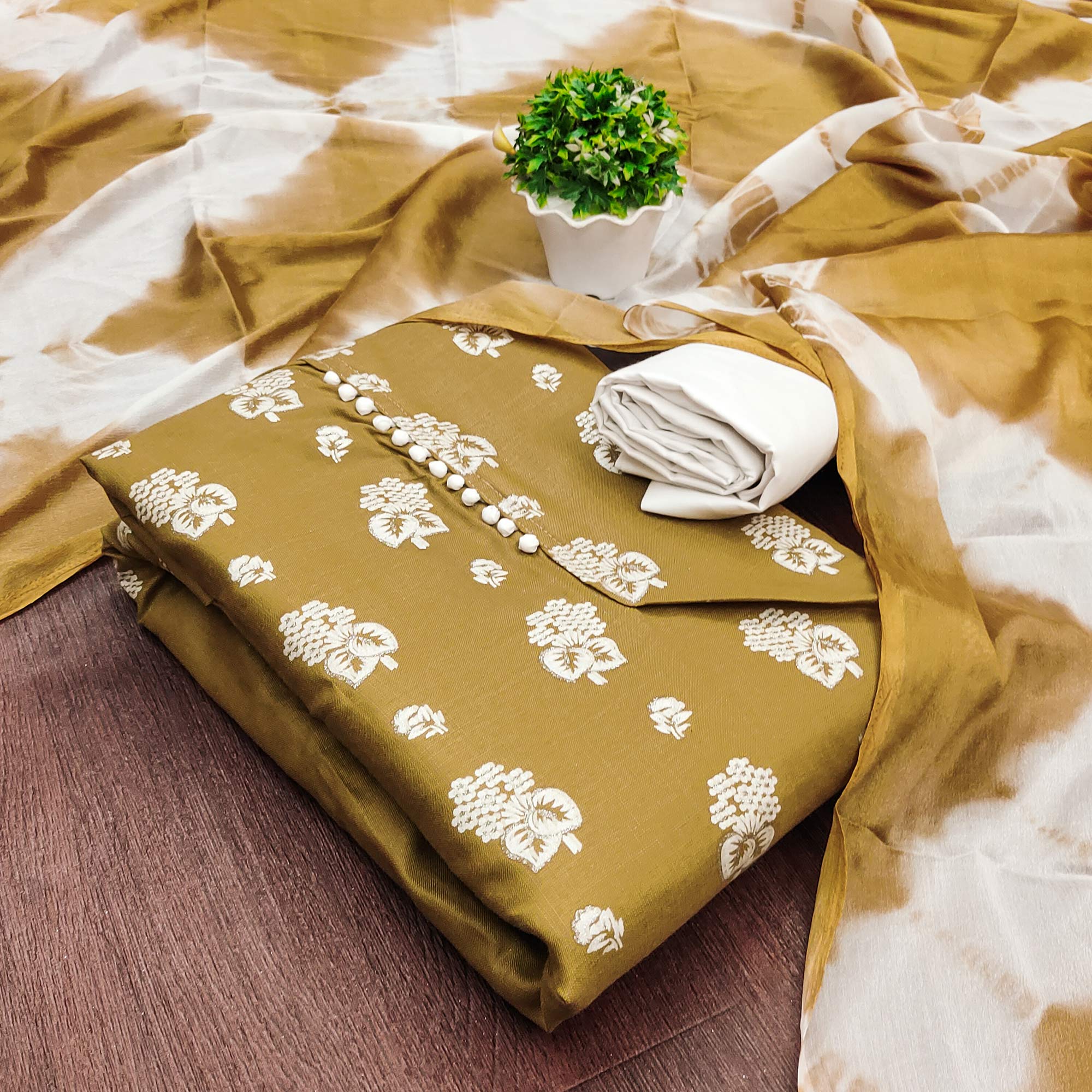 Mustard Foil Floral Printed Cotton Blend Dress Material - Image 3