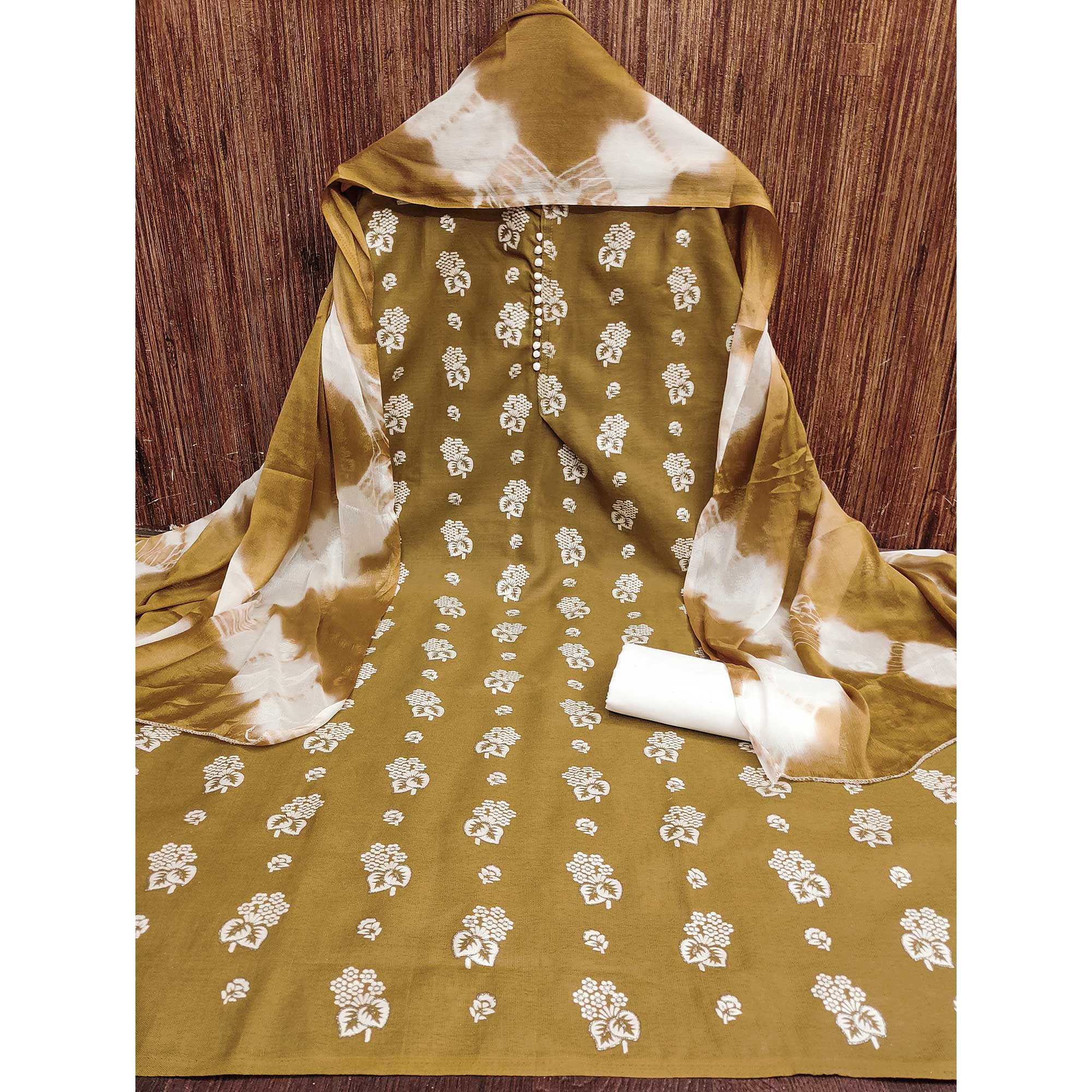 Mustard Foil Floral Printed Cotton Blend Dress Material - Image 4