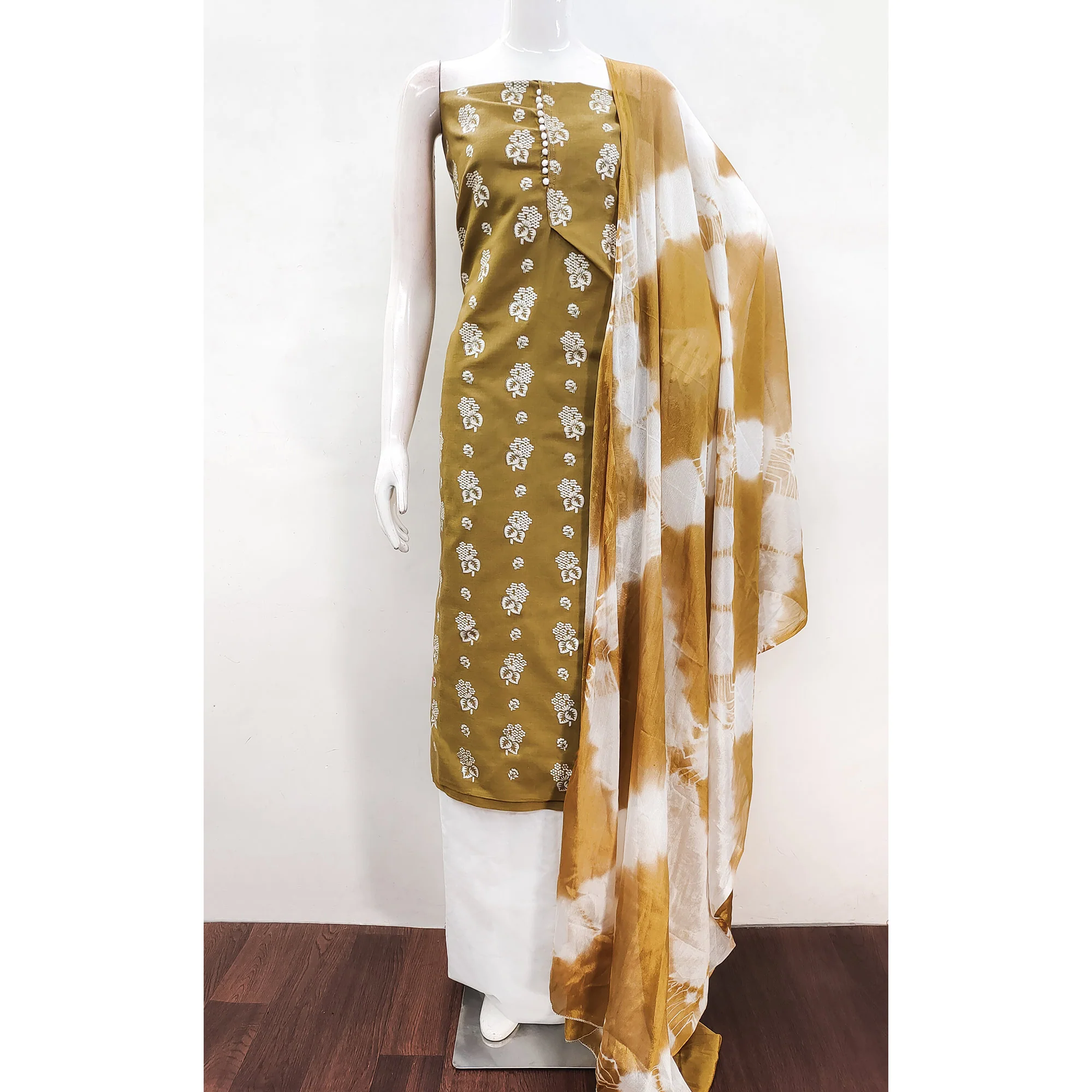 Mustard Foil Floral Printed Cotton Blend Dress Material - Image 5