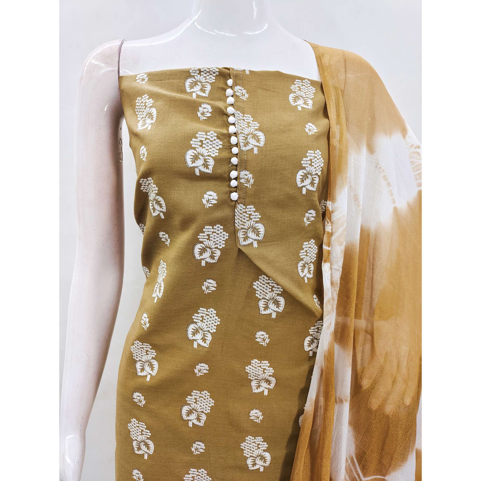 Mustard Foil Floral Printed Cotton Blend Dress Material - Image 6