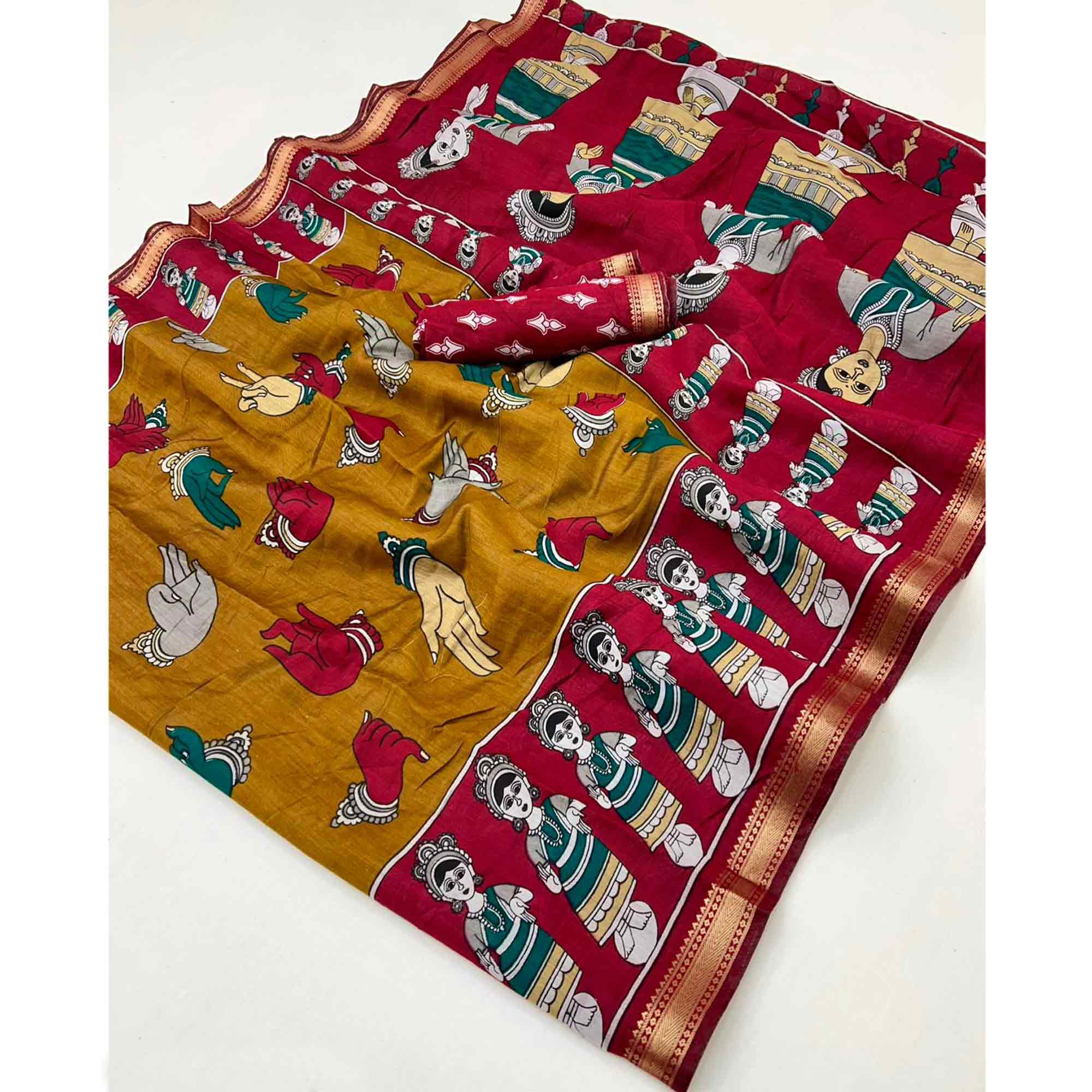 Mustard Folk Art Soft Mulmul Cotton Saree with Traditional Motifs - Image 3