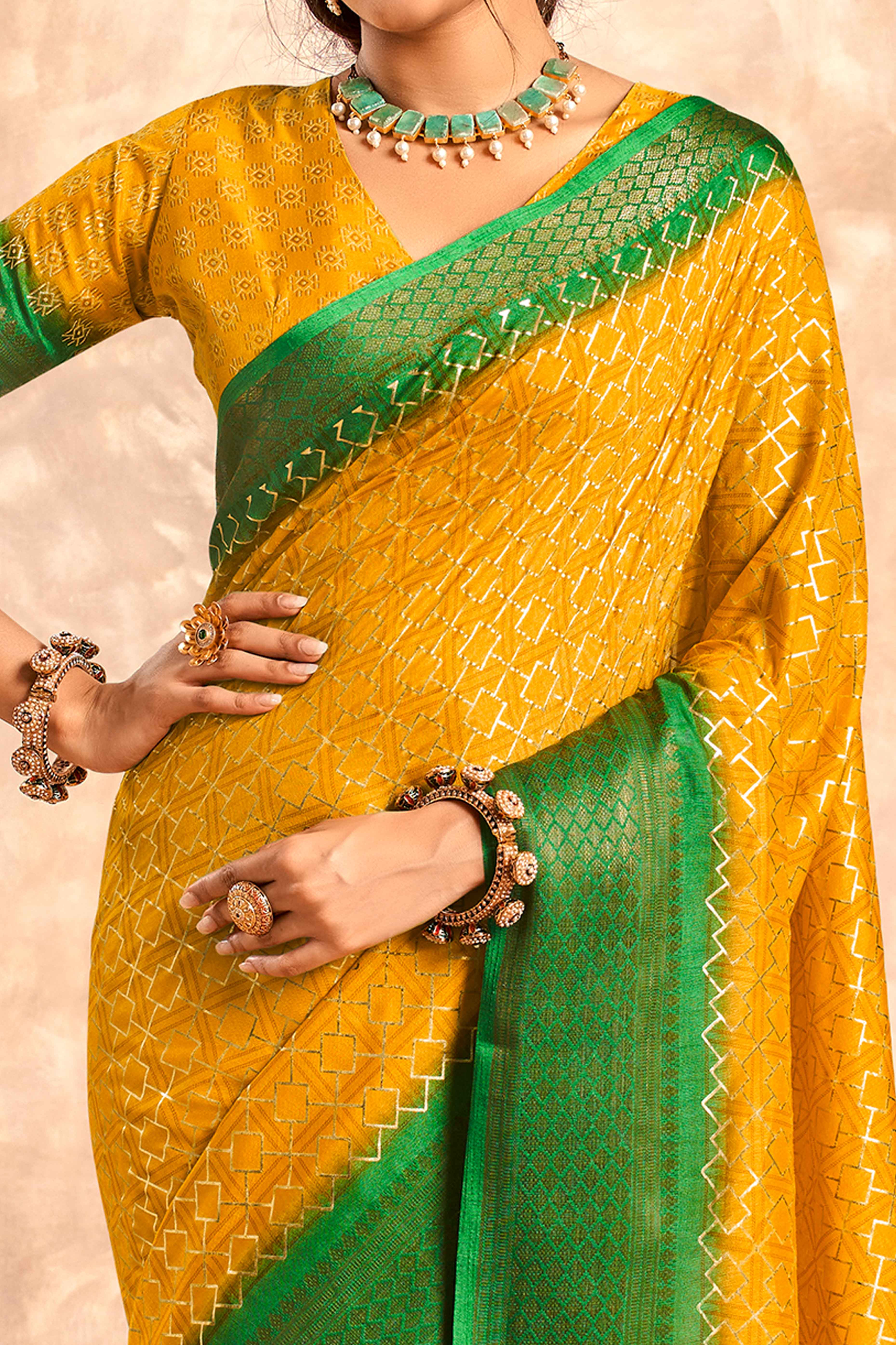 Mustard Geometric Foil Printed Dola Silk Saree With Woven Border - Image 2