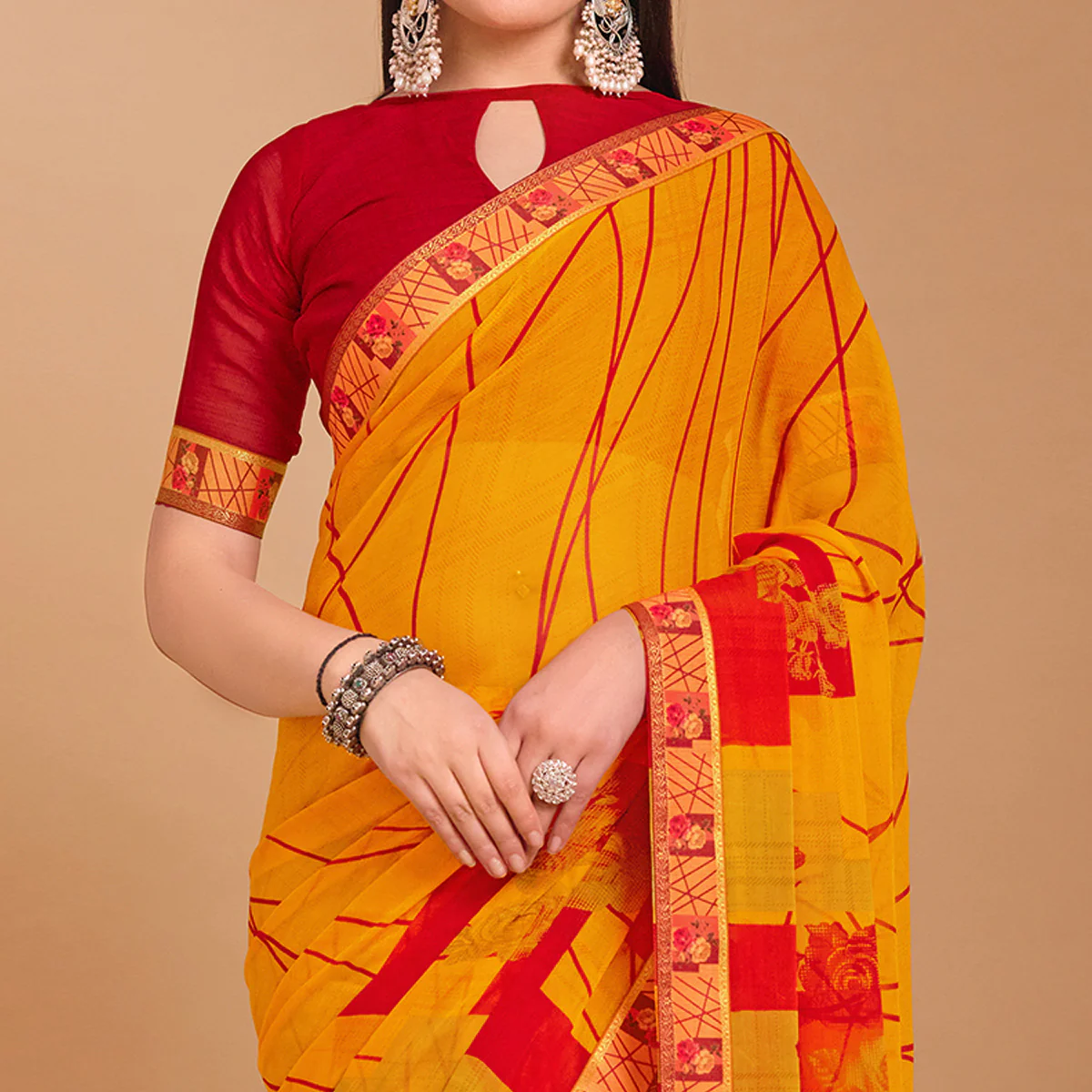 Mustard Geometric Printed Chiffon Saree - Image 3