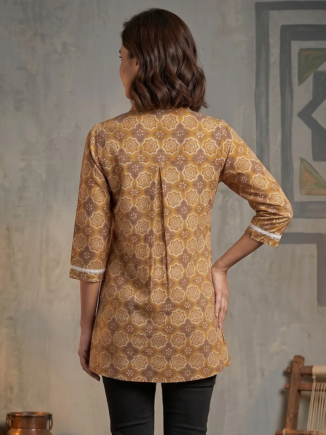 Mustard Geometric Printed Pure Cotton Shirt Style Top - Image 4