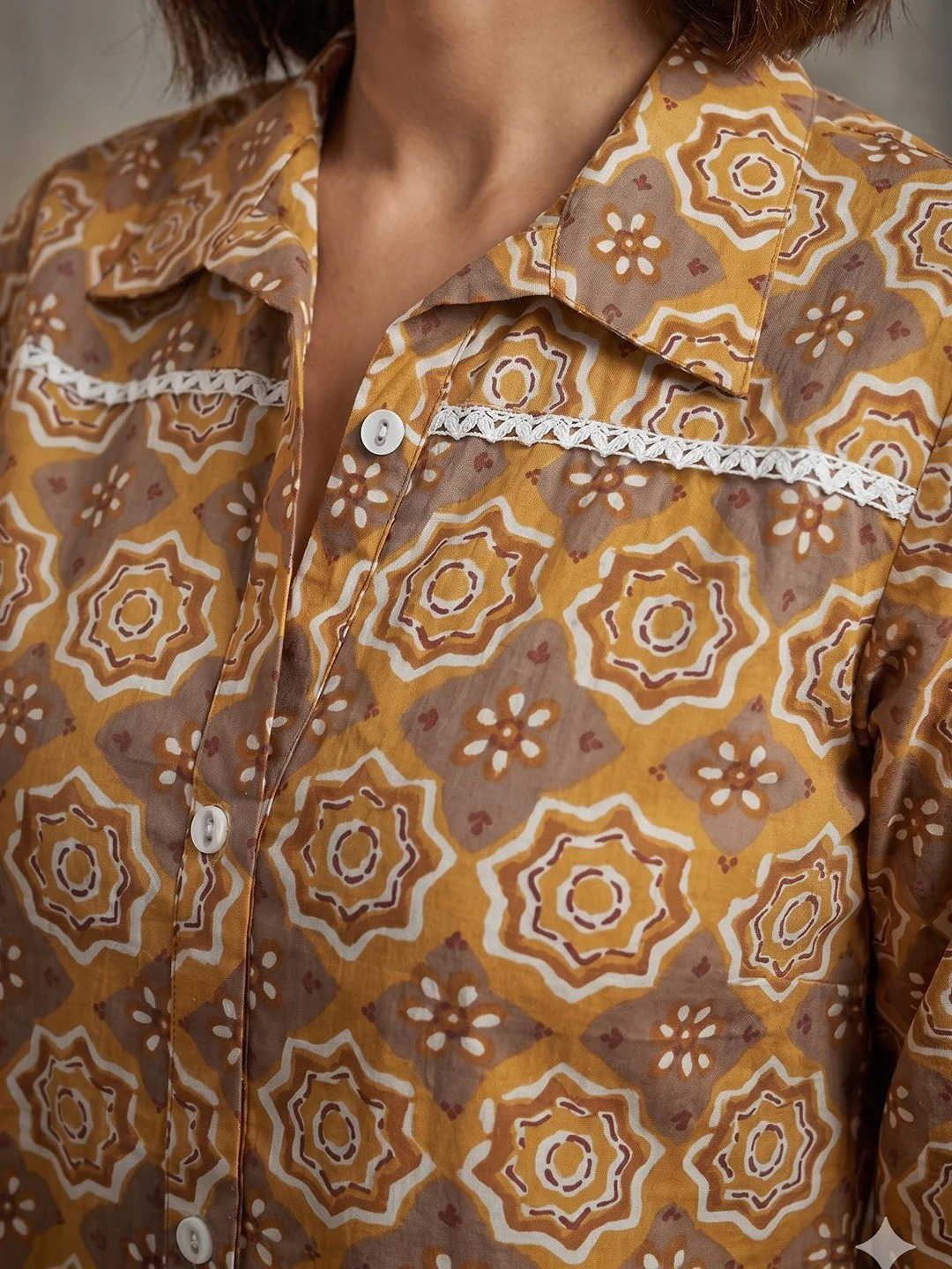 Mustard Geometric Printed Pure Cotton Shirt Style Top - Image 5