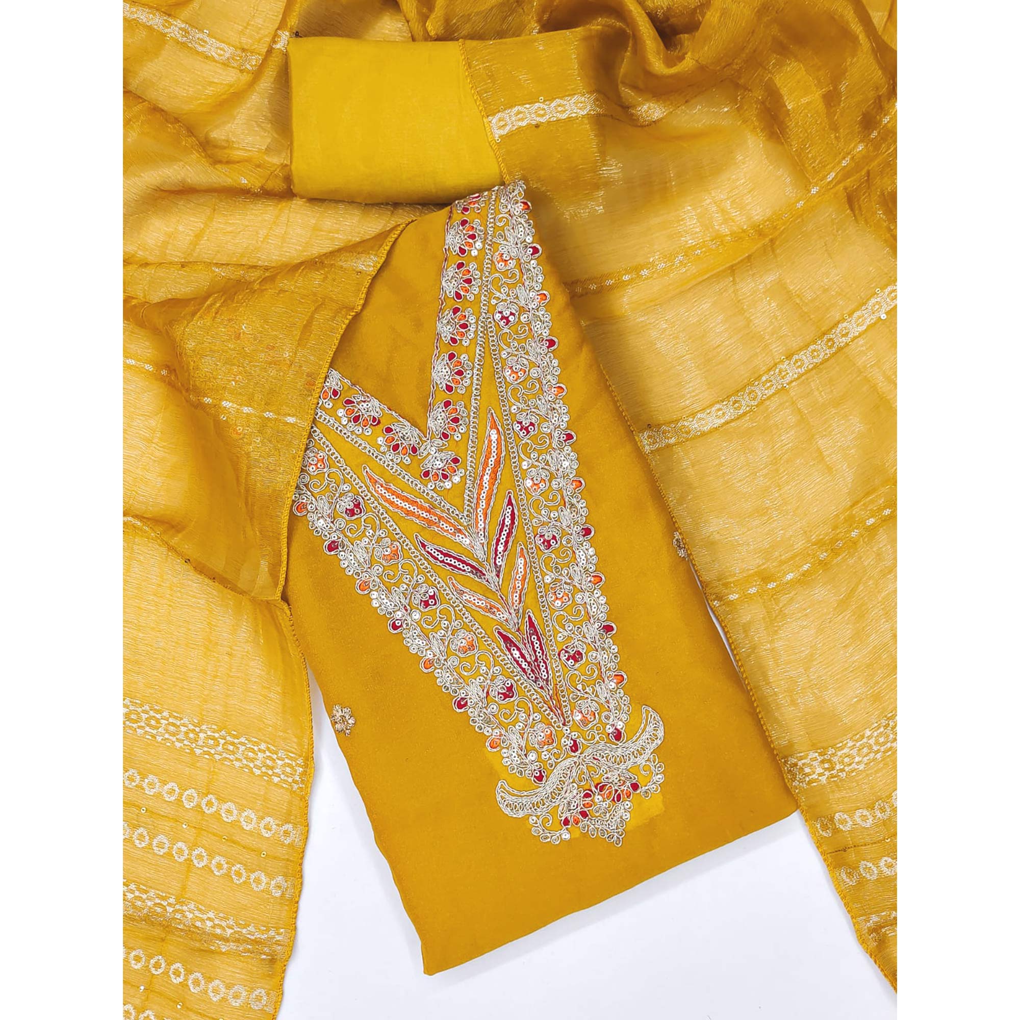 Mustard Georgette Dress Material Embellished With Floral Cording Embroidery & Sequin Accents - Image 3