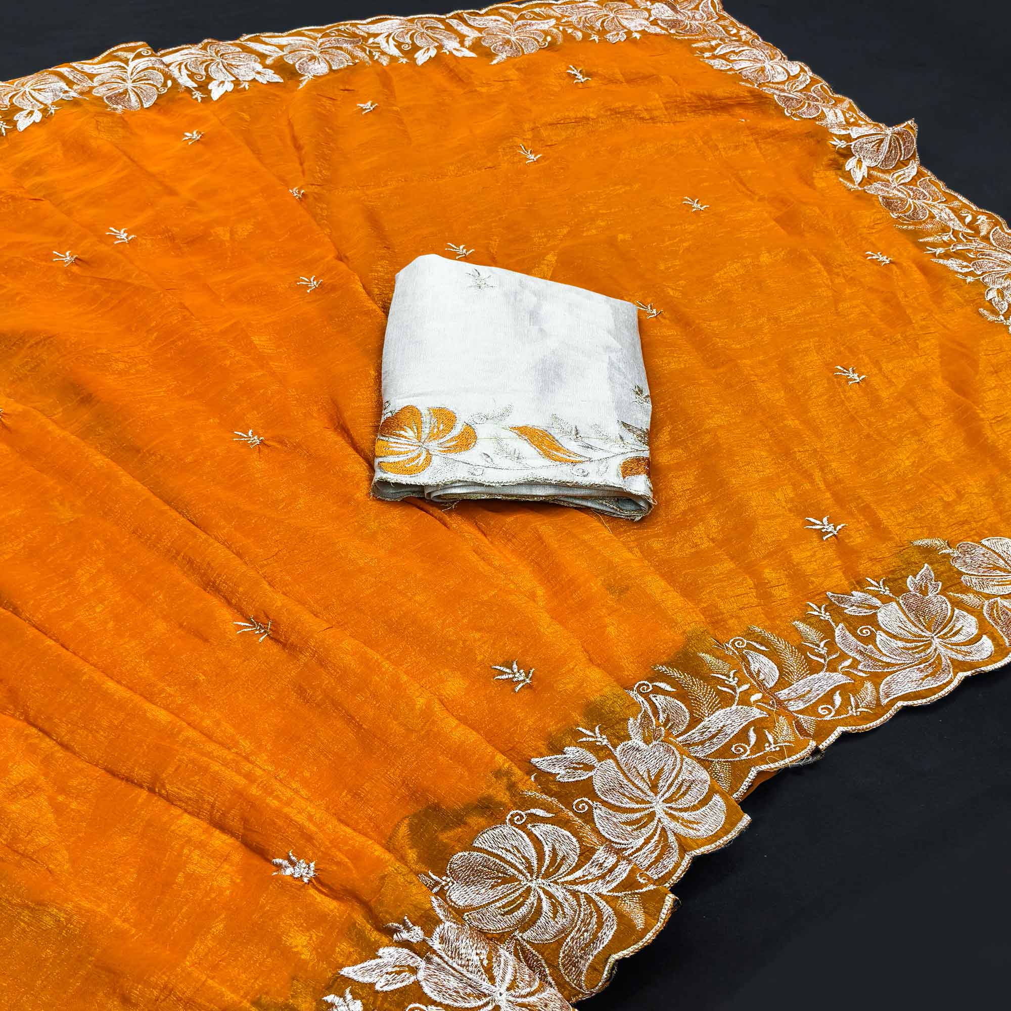 Mustard Golden Thread Embroidered Chiffon Saree for Elegant Evening & Celebration Styling - Image 3