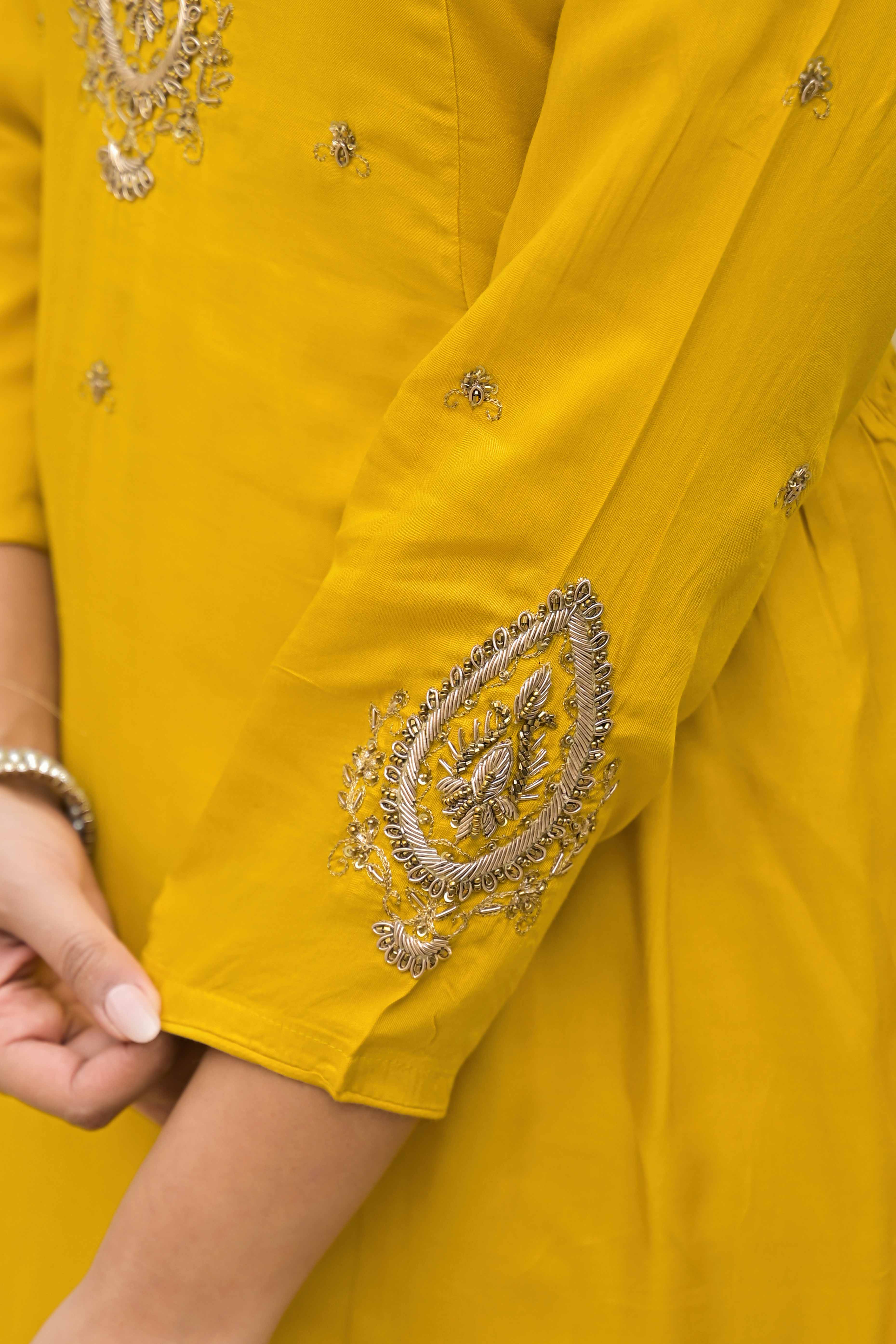 Mustard Hand Ari Work Muslin Anarkali Style Salwar Suit - Image 9