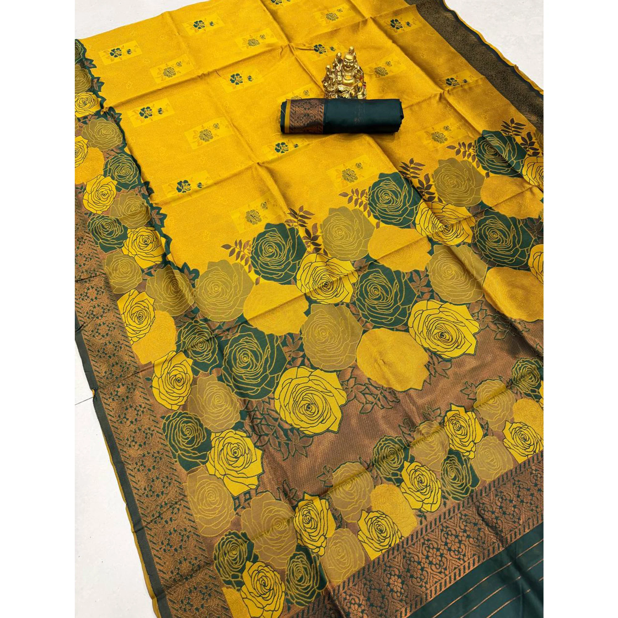 Mustard Handloom Banarasi Silk Saree Enhanced with Artistic Floral Zari Weaving for Timeless Appeal - Image 3