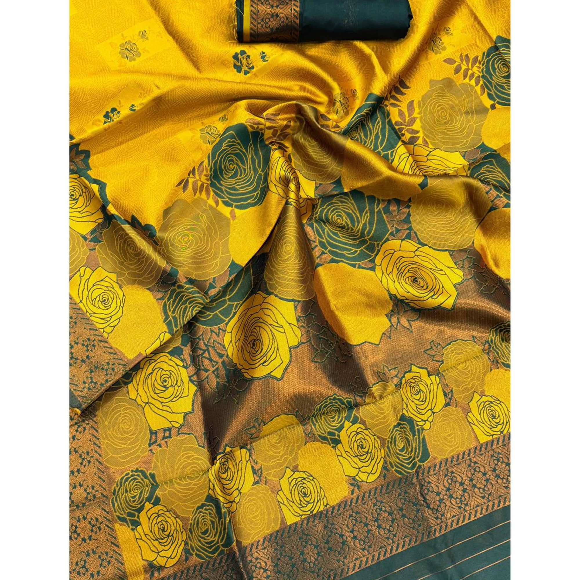 Mustard Handloom Banarasi Silk Saree Enhanced with Artistic Floral Zari Weaving for Timeless Appeal - Image 5