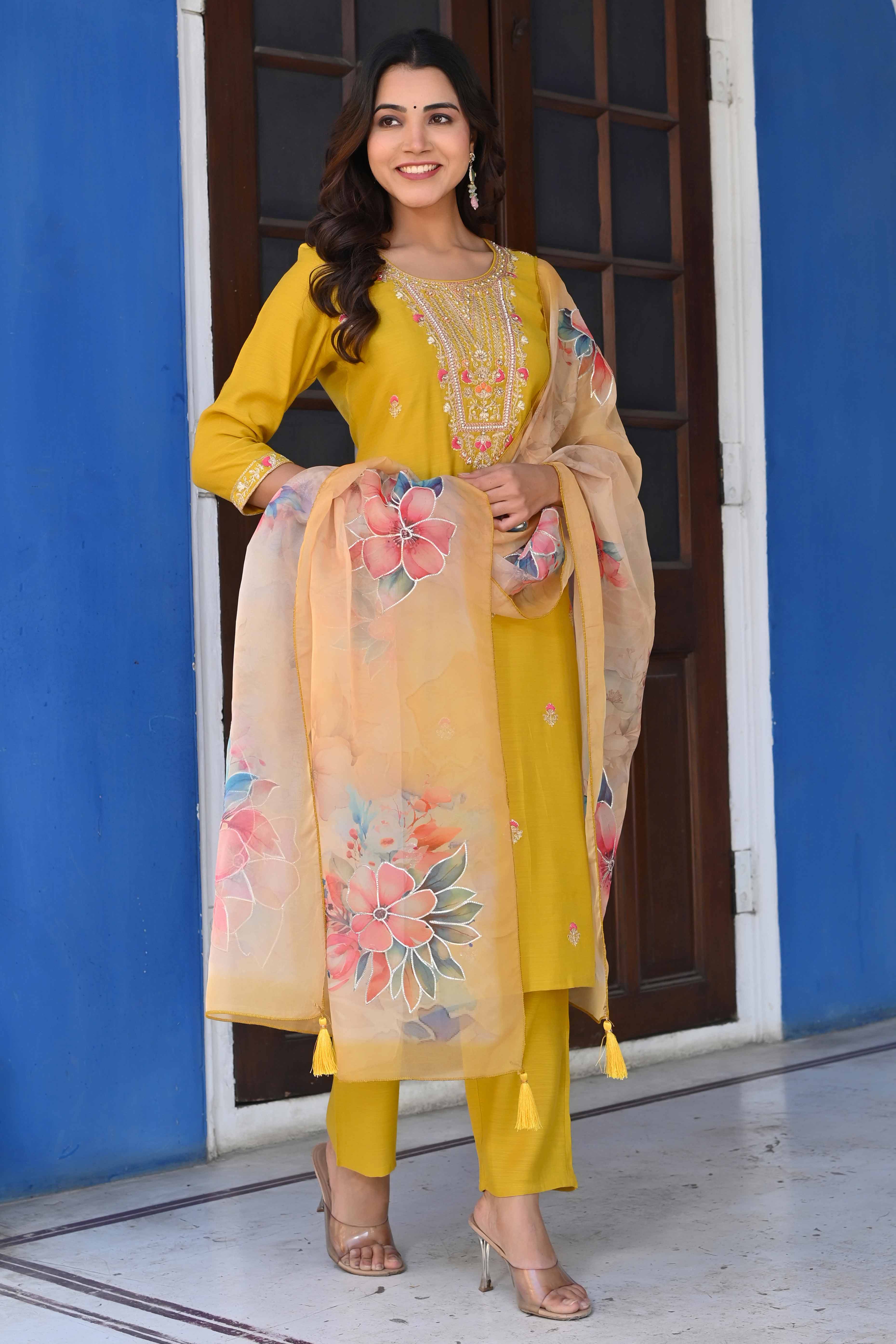 Mustard Handwork Embroidered Viscose Straight Salwar Suit - Image 2
