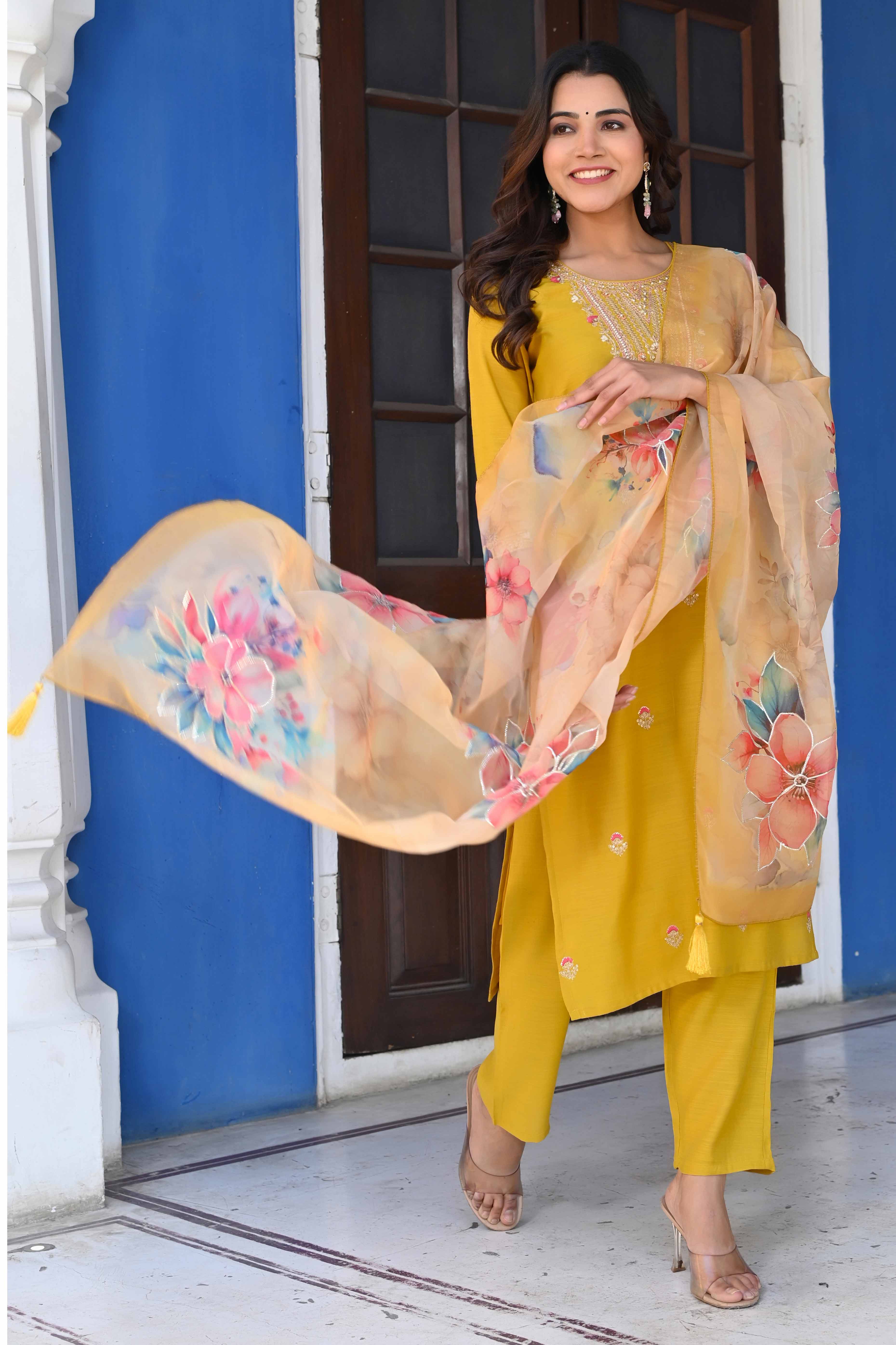 Mustard Handwork Embroidered Viscose Straight Salwar Suit - Image 3