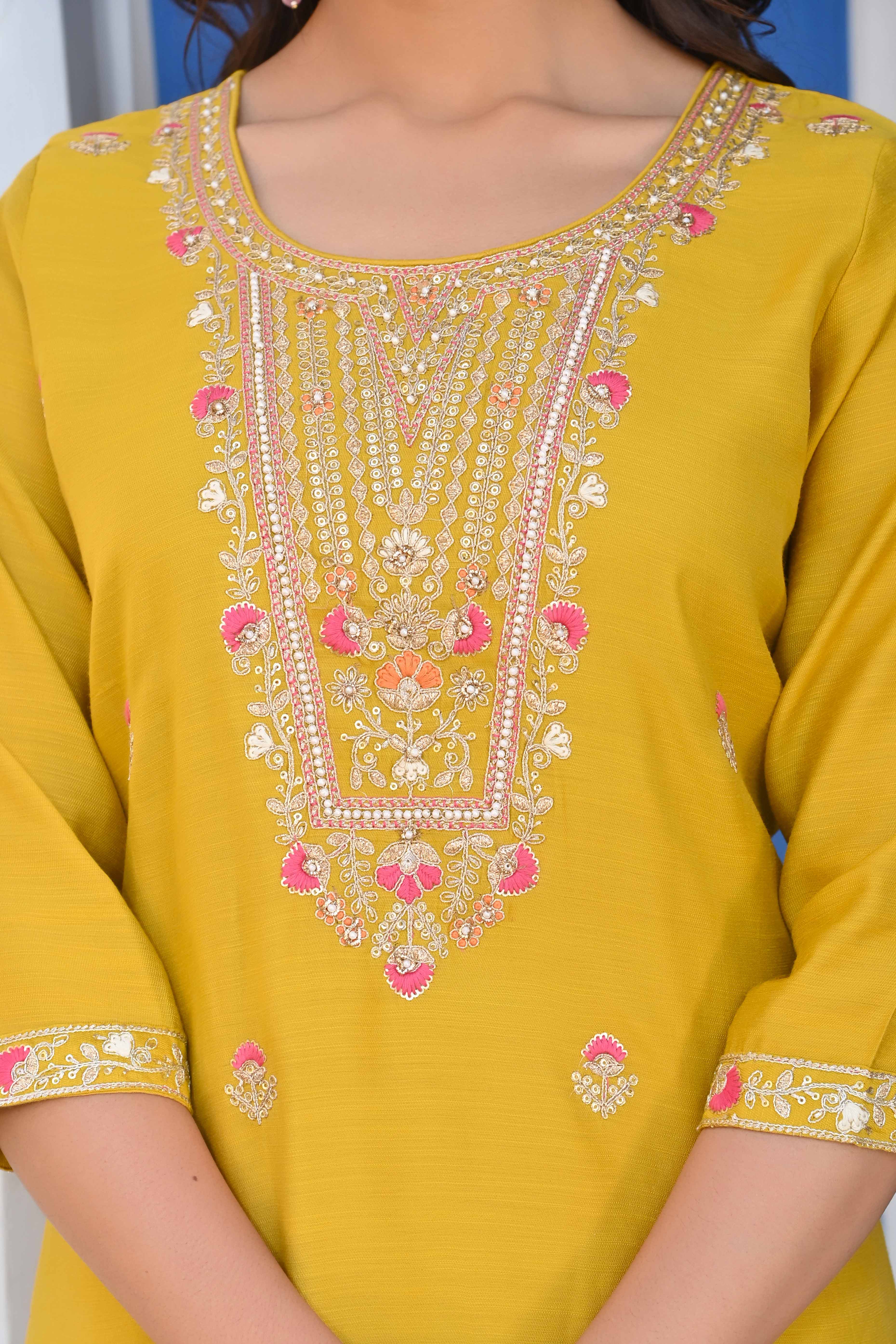 Mustard Handwork Embroidered Viscose Straight Salwar Suit - Image 5
