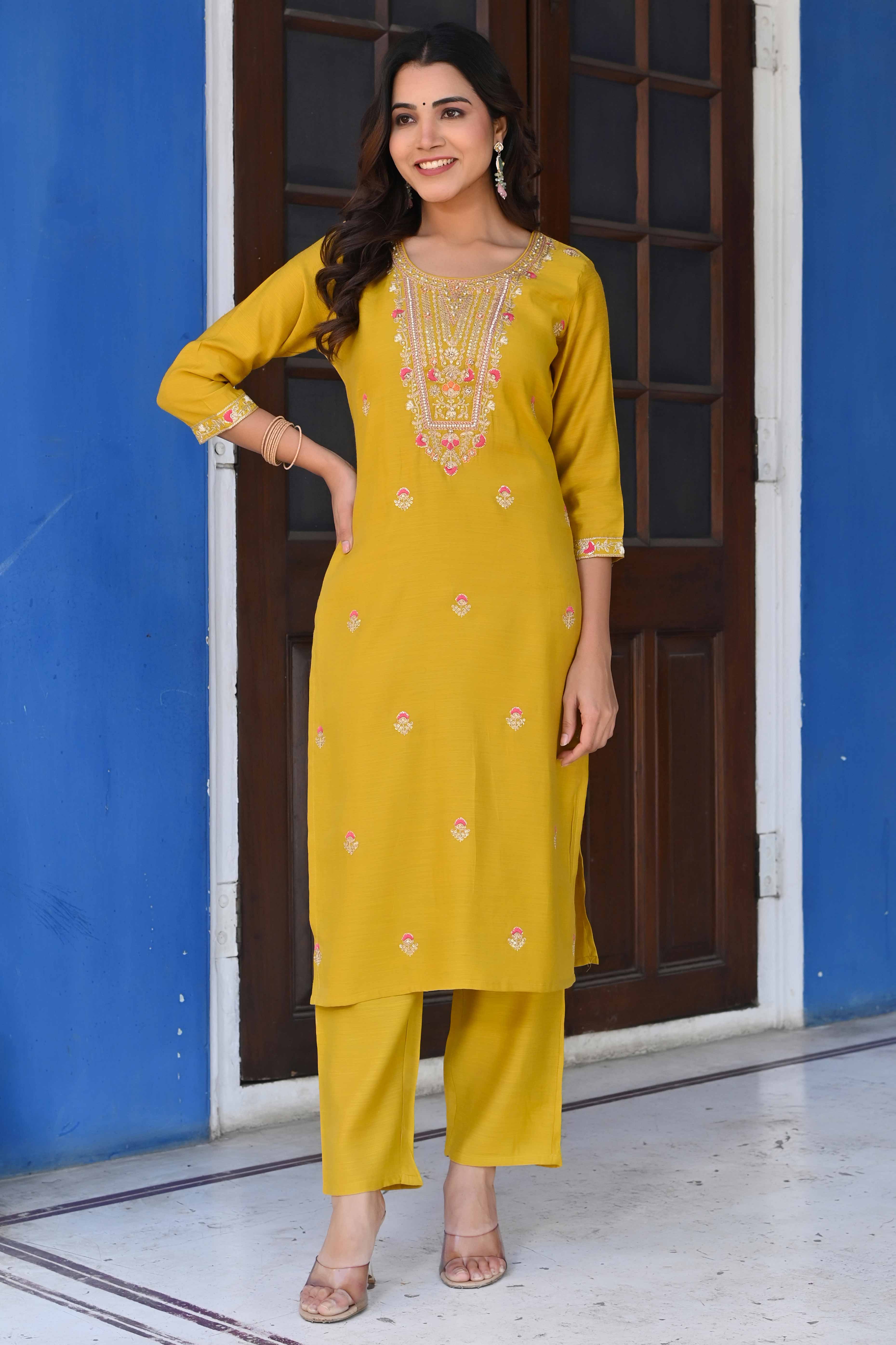 Mustard Handwork Embroidered Viscose Straight Salwar Suit - Image 6