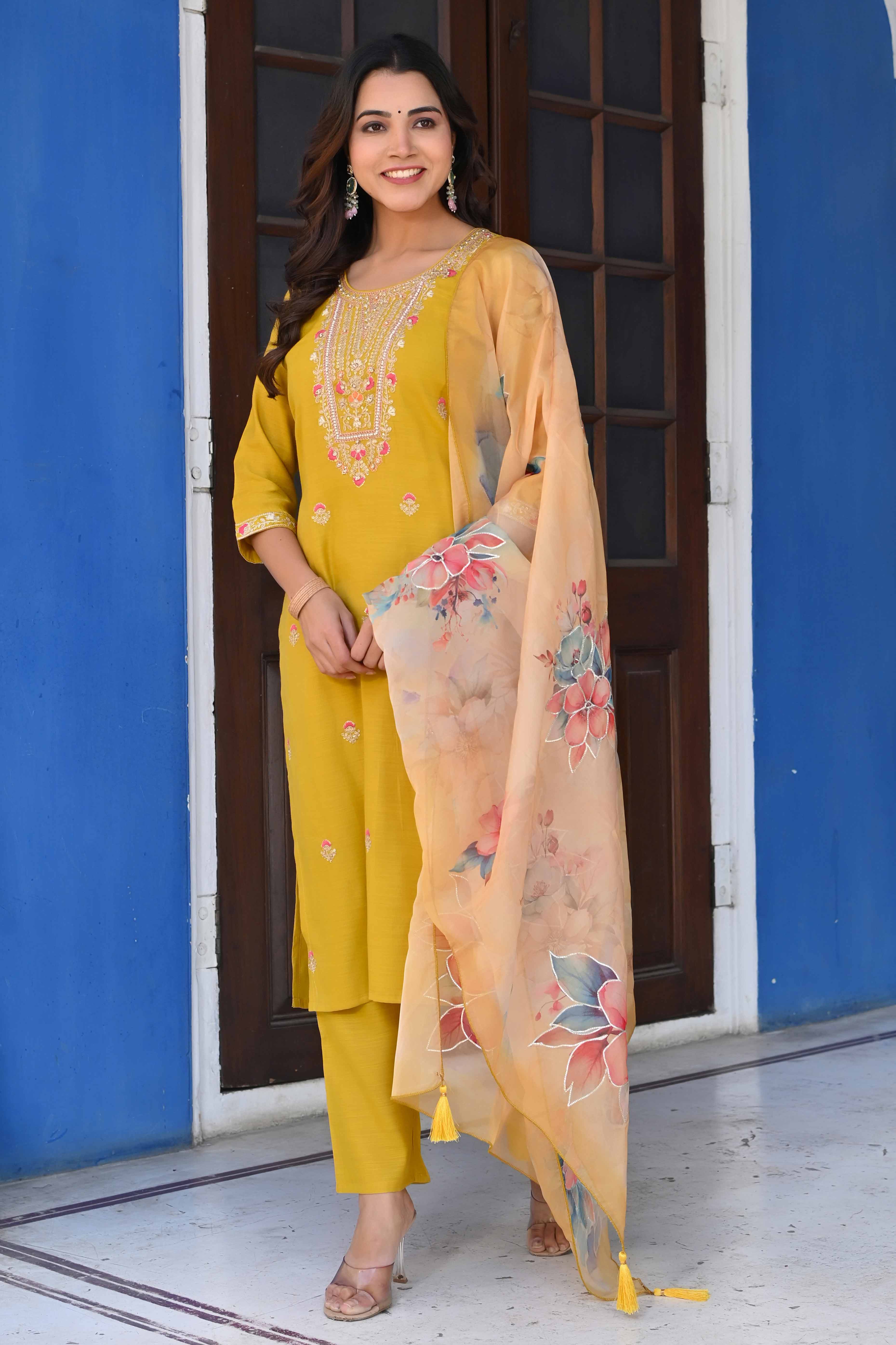 Mustard Handwork Embroidered Viscose Straight Salwar Suit - Image 7