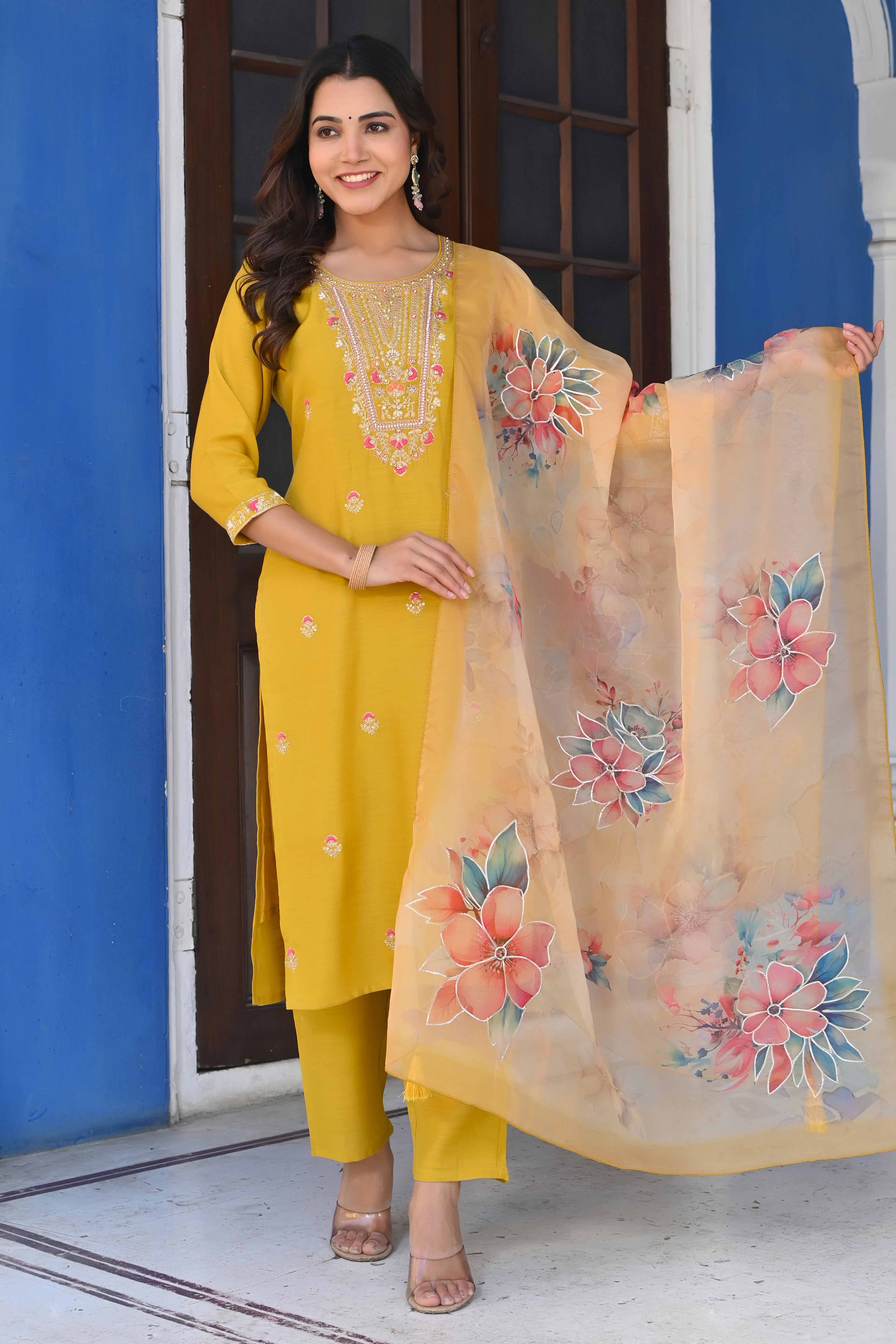 Mustard Handwork Embroidered Viscose Straight Salwar Suit - Image 8