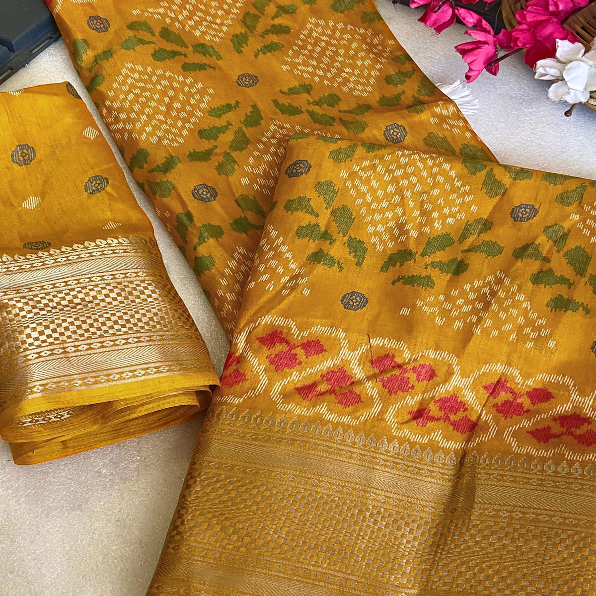 Mustard Ikkat Printed Cotton Silk Saree - Image 2