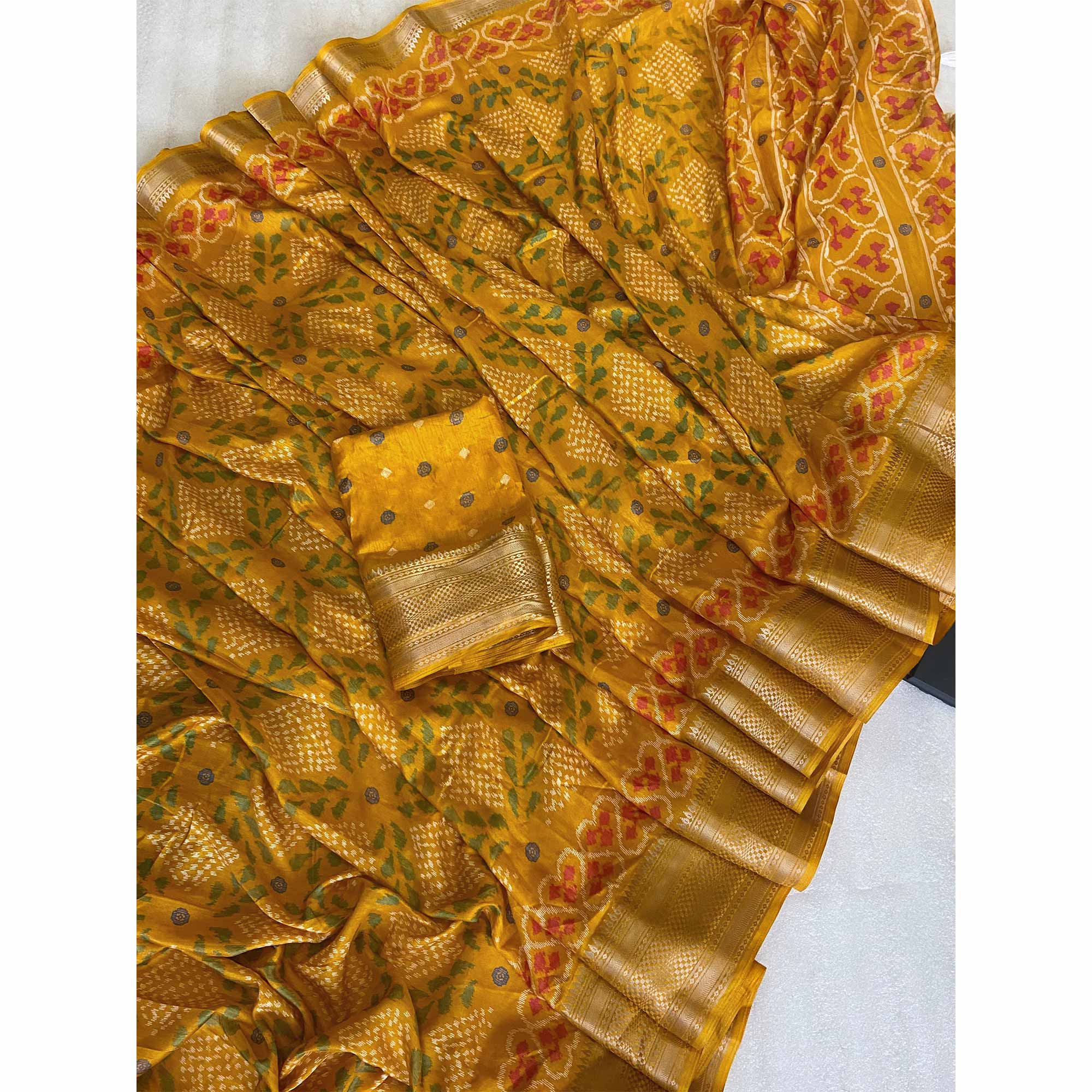 Mustard Ikkat Printed Cotton Silk Saree - Image 3
