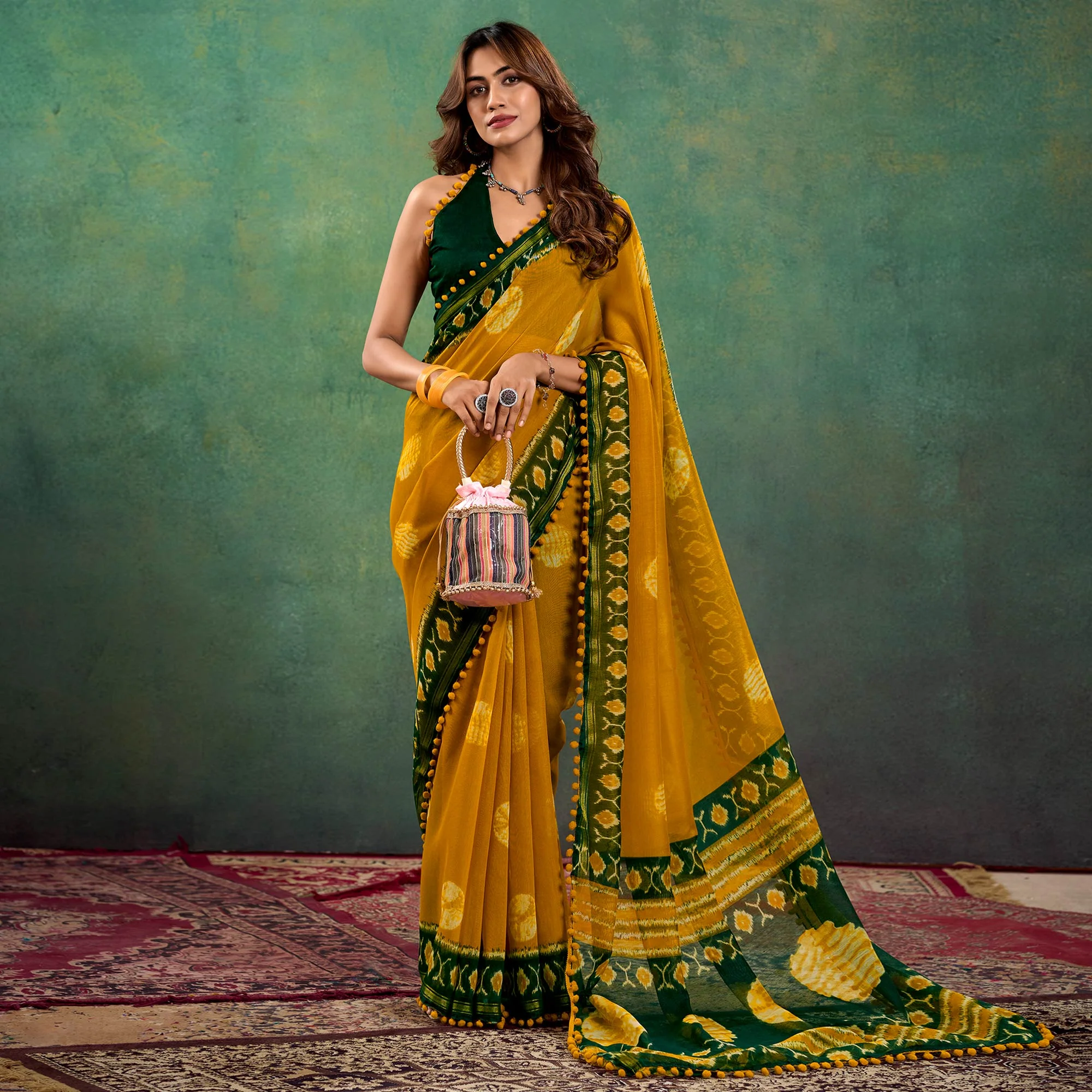 Mustard Ikkat Printed Mul Mul Cotton Saree - Image 2
