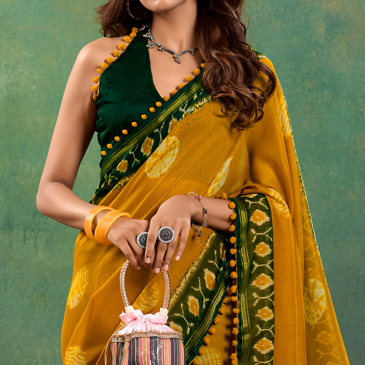 Mustard Ikkat Printed Mul Mul Cotton Saree - Image 3