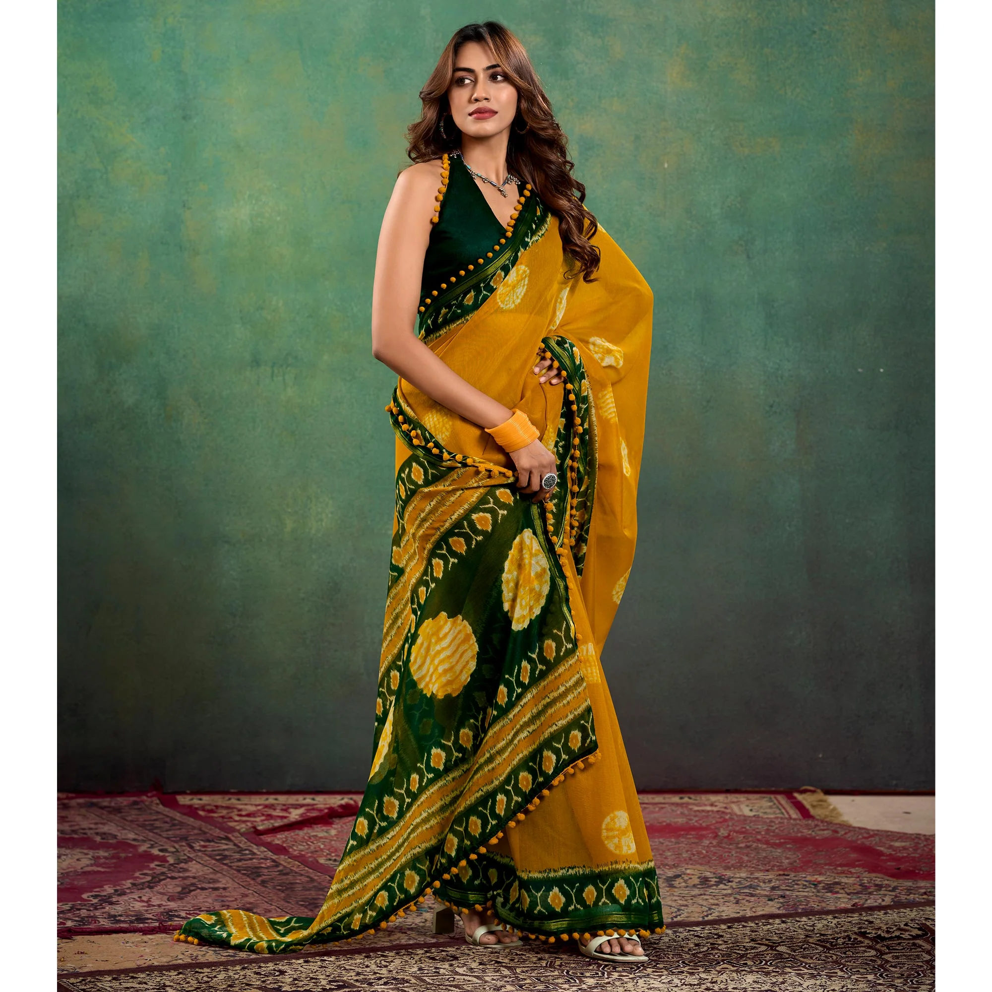 Mustard Ikkat Printed Mul Mul Cotton Saree - Image 4