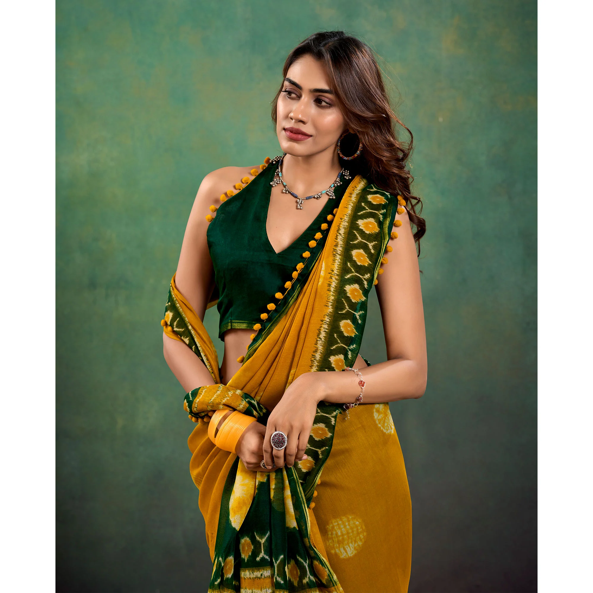 Mustard Ikkat Printed Mul Mul Cotton Saree - Image 5
