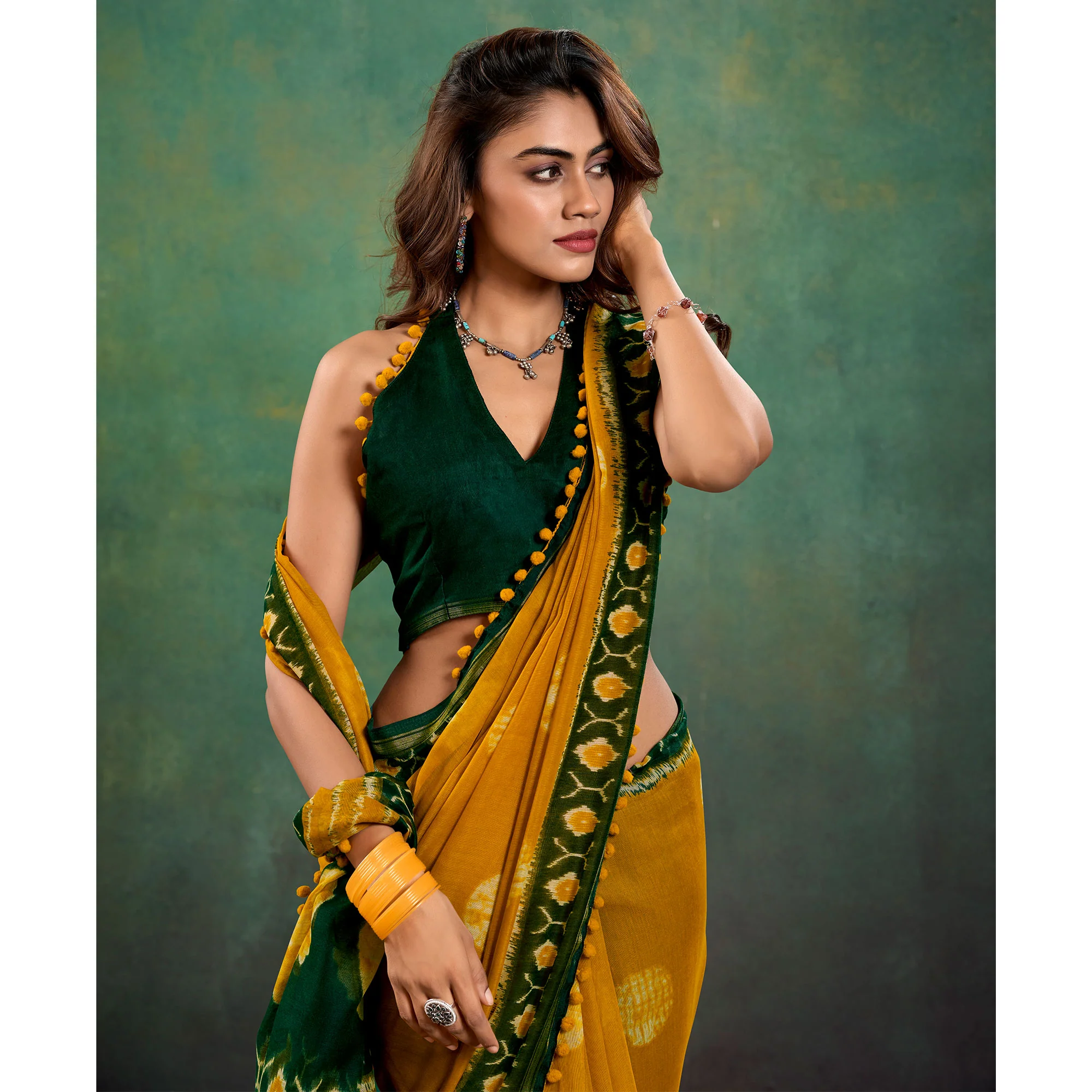 Mustard Ikkat Printed Mul Mul Cotton Saree - Image 6