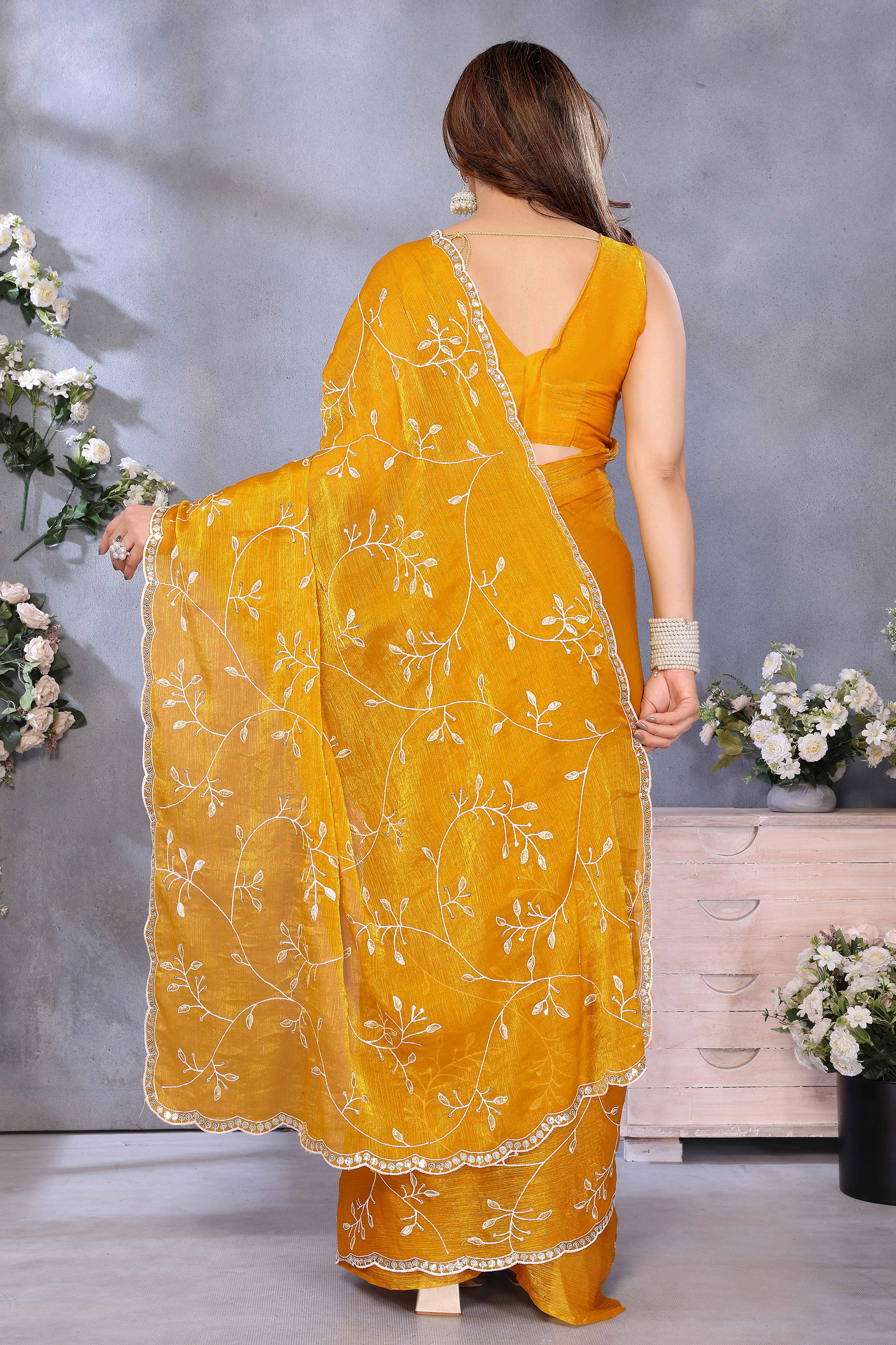 Mustard Jimmy Choo Chiffon Saree Adorned with Delicate Floral Sequins Embroidery - Image 4
