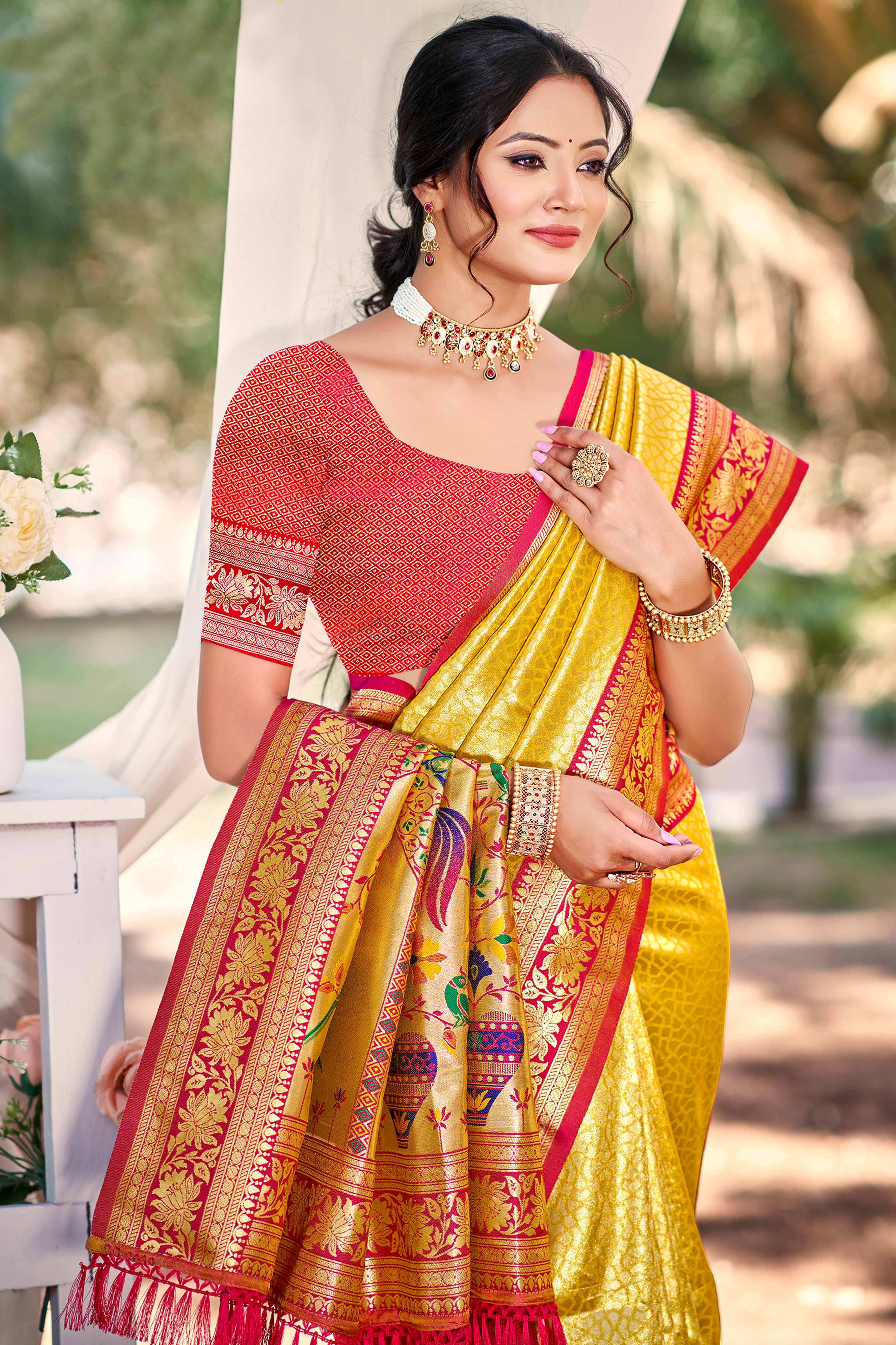 Mustard Kanjivaram Silk Paithani Saree With Elegant Floral Weaving & Tassel Pallu - Image 3