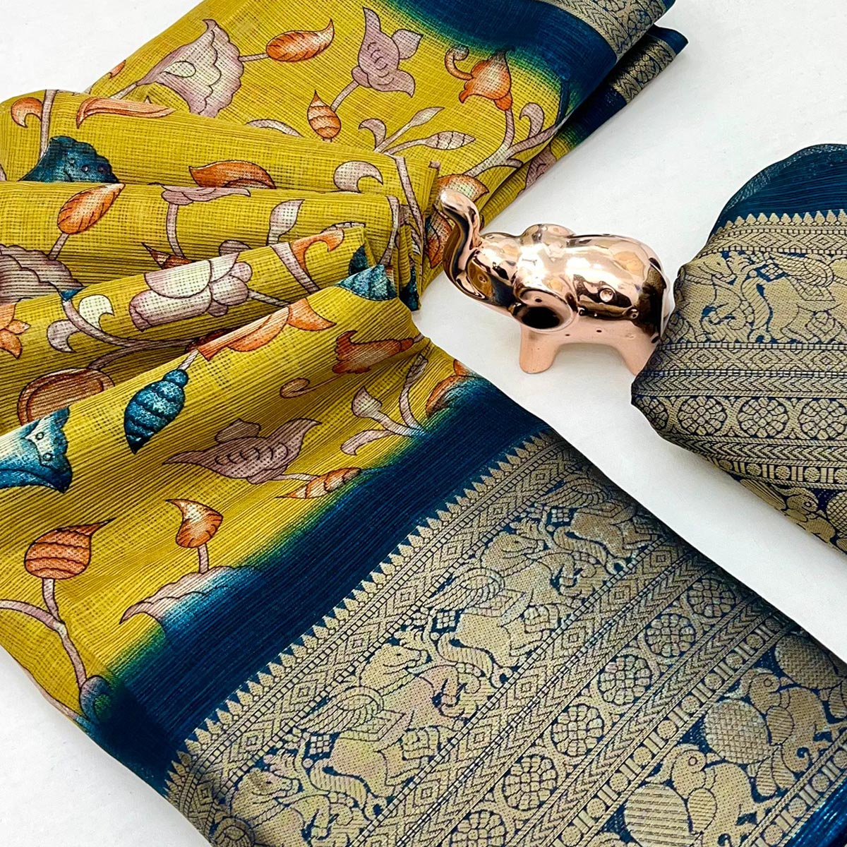Mustard Kashmiri Floral Printed Kota Doria Saree With Bandhani Pallu & Rich Zari Weaving Border - Image 2