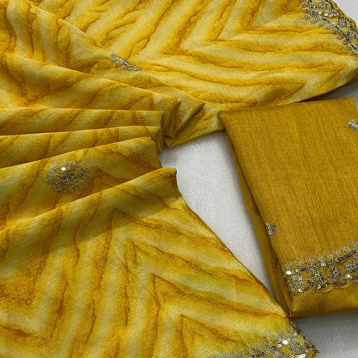 Mustard Leheriya Printed With Sequins Embroidered Chinon Saree - Image 2