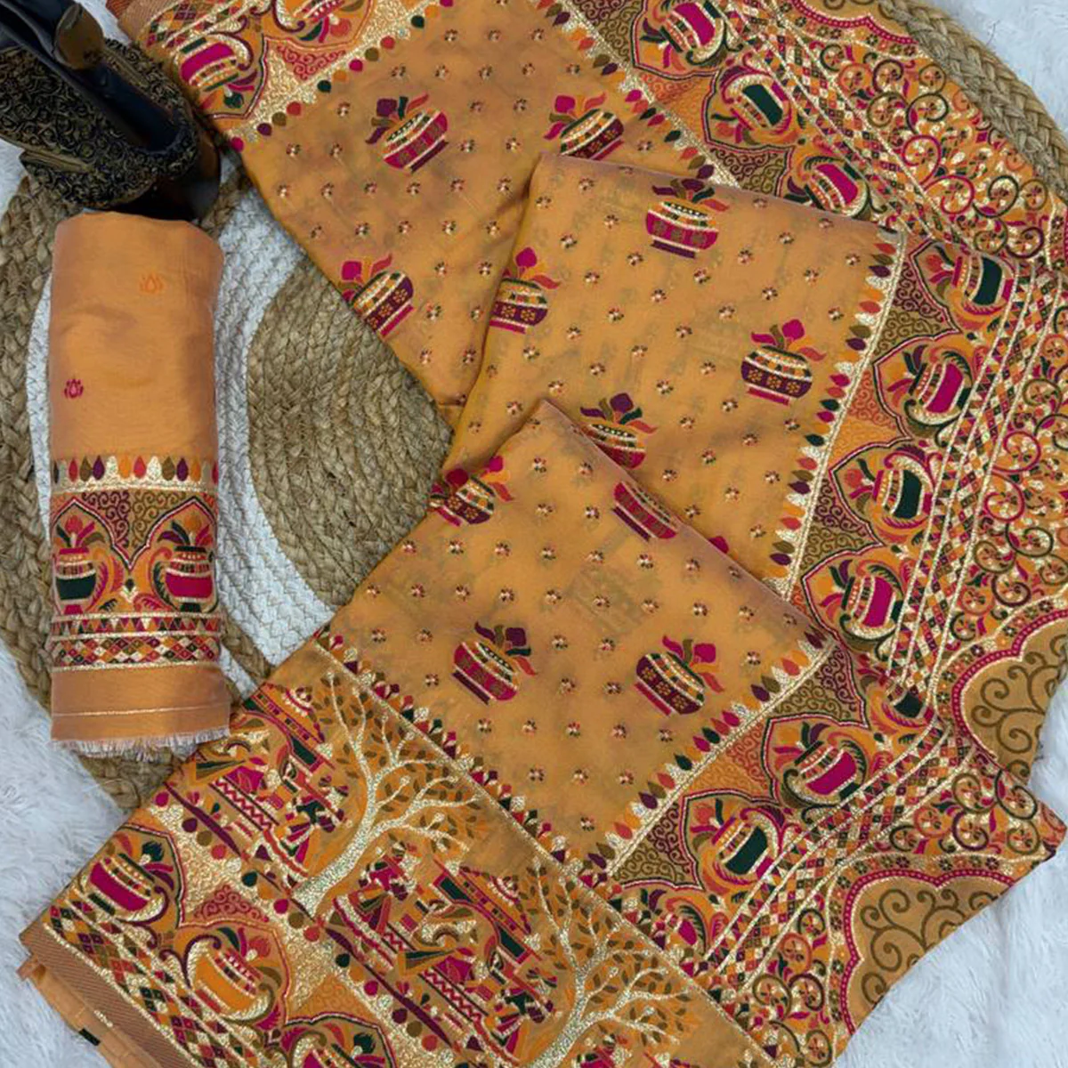Mustard Madhubani Inspired Weaving Pashmina Silk Saree Perfect for Refined Festive - Image 2