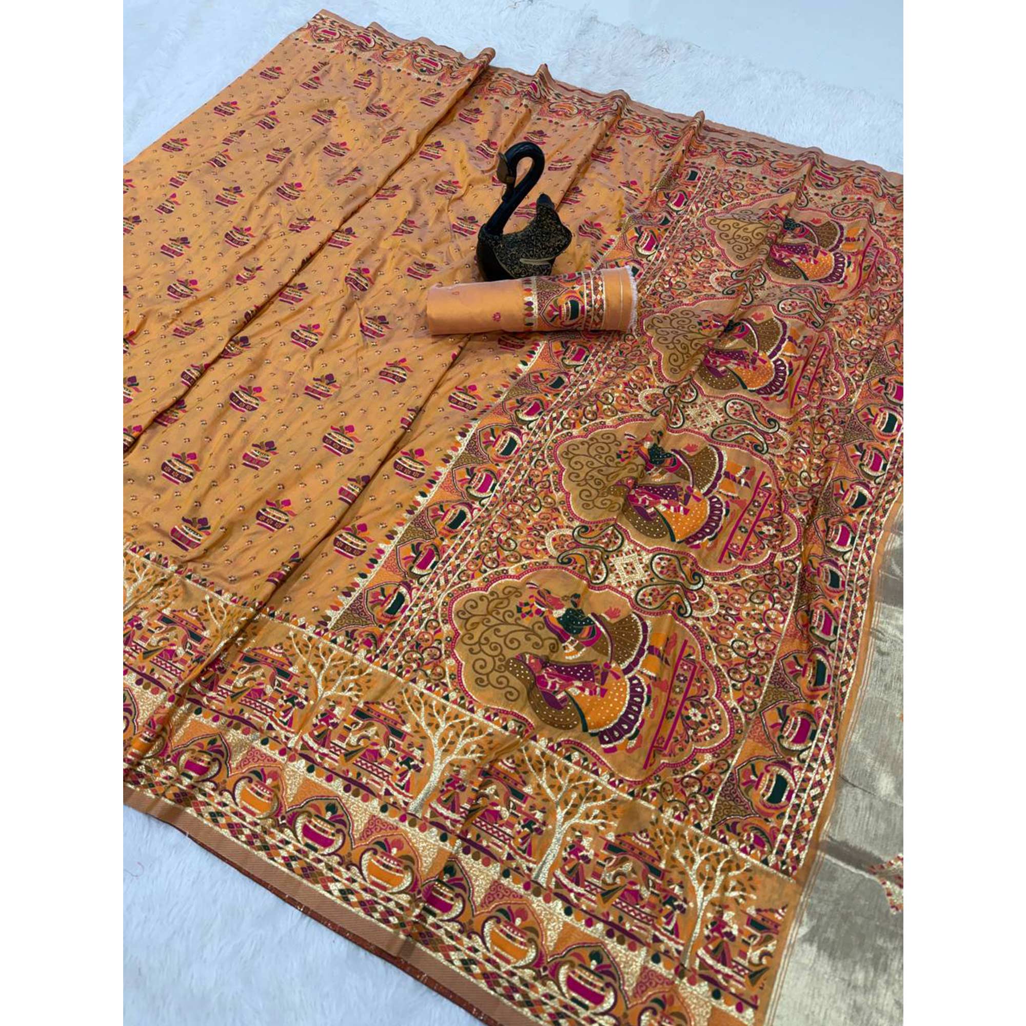 Mustard Madhubani Inspired Weaving Pashmina Silk Saree Perfect for Refined Festive - Image 3