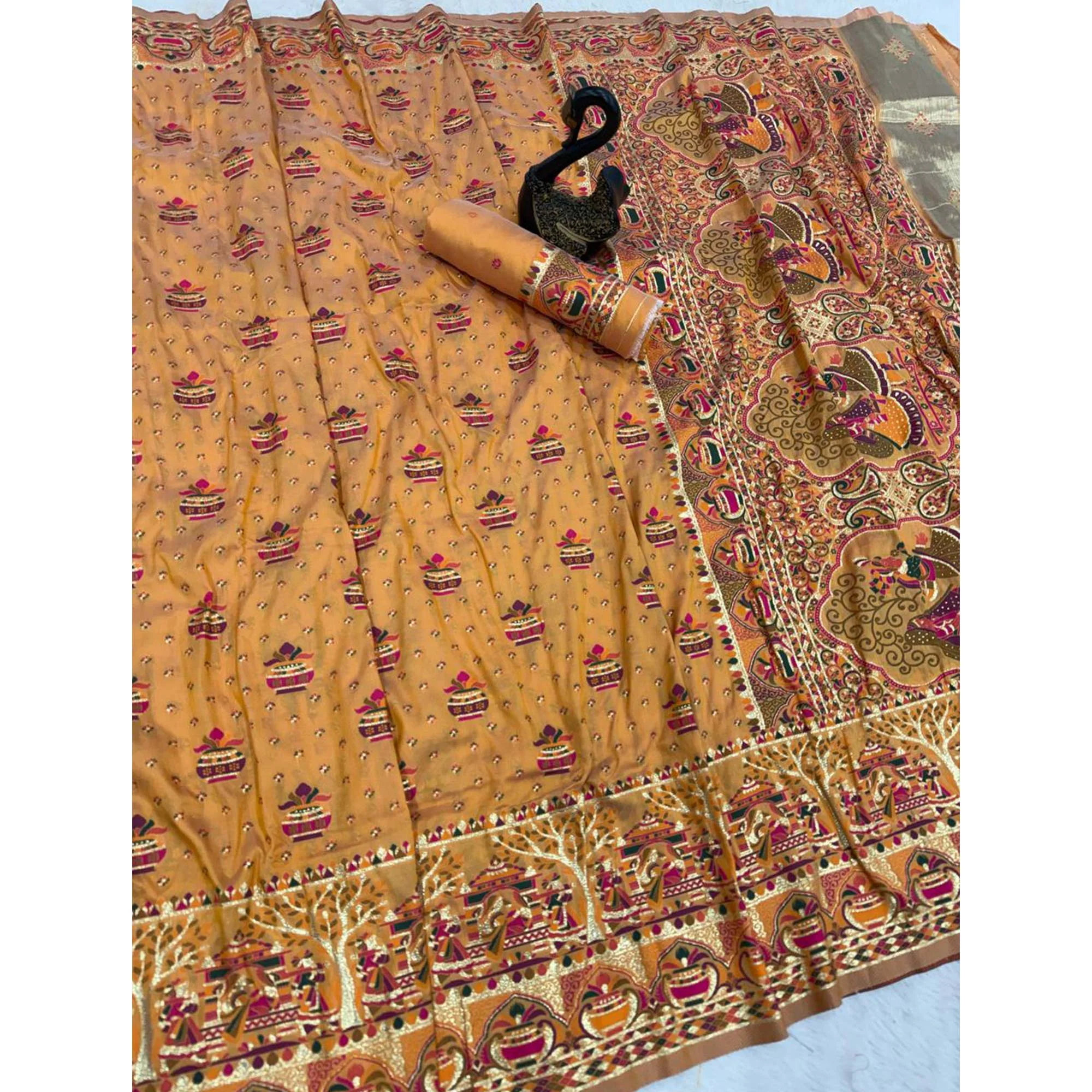 Mustard Madhubani Inspired Weaving Pashmina Silk Saree Perfect for Refined Festive - Image 4