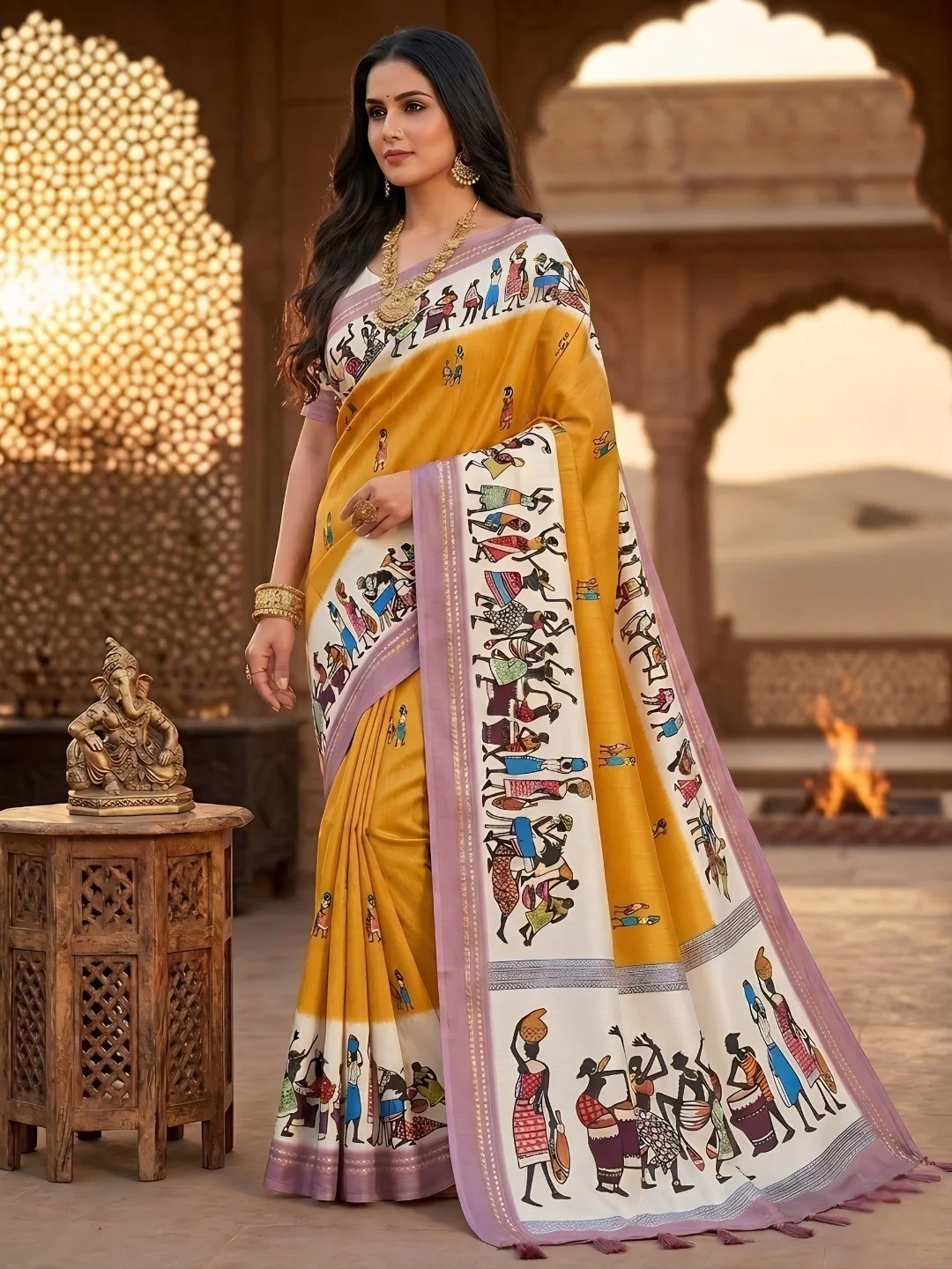 Mustard Mulmul Cotton Saree with Traditional Motif Print