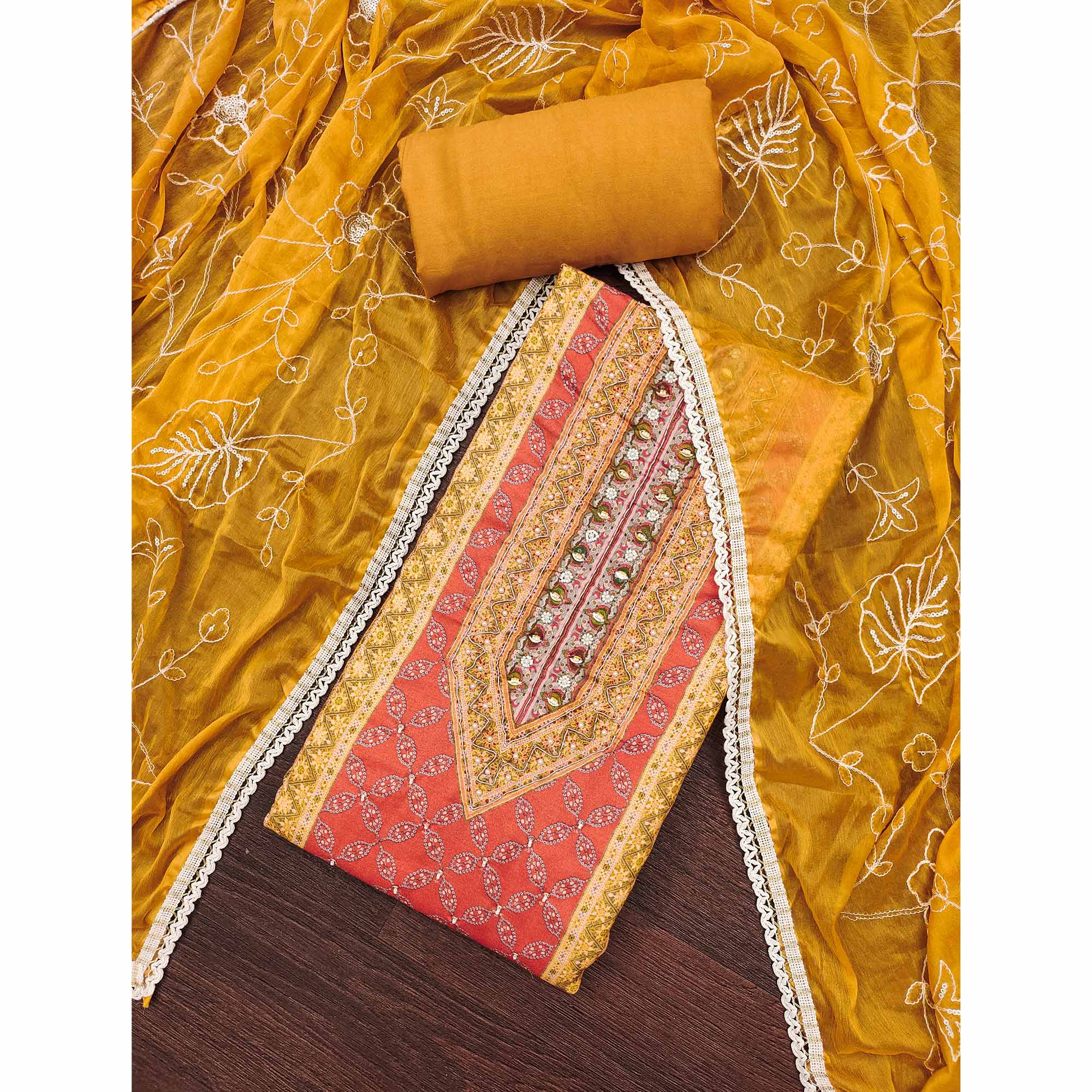 Mustard & Orange Pure Cotton Dress Material With Digital Prints & Elegant Moti Handwork Accents - Image 3