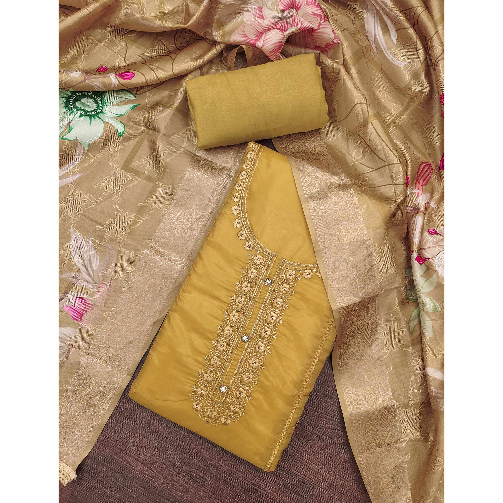 Mustard Organza Dress Material Adorned With Floral Thread Embroidery & Elegant Handwork - Image 3